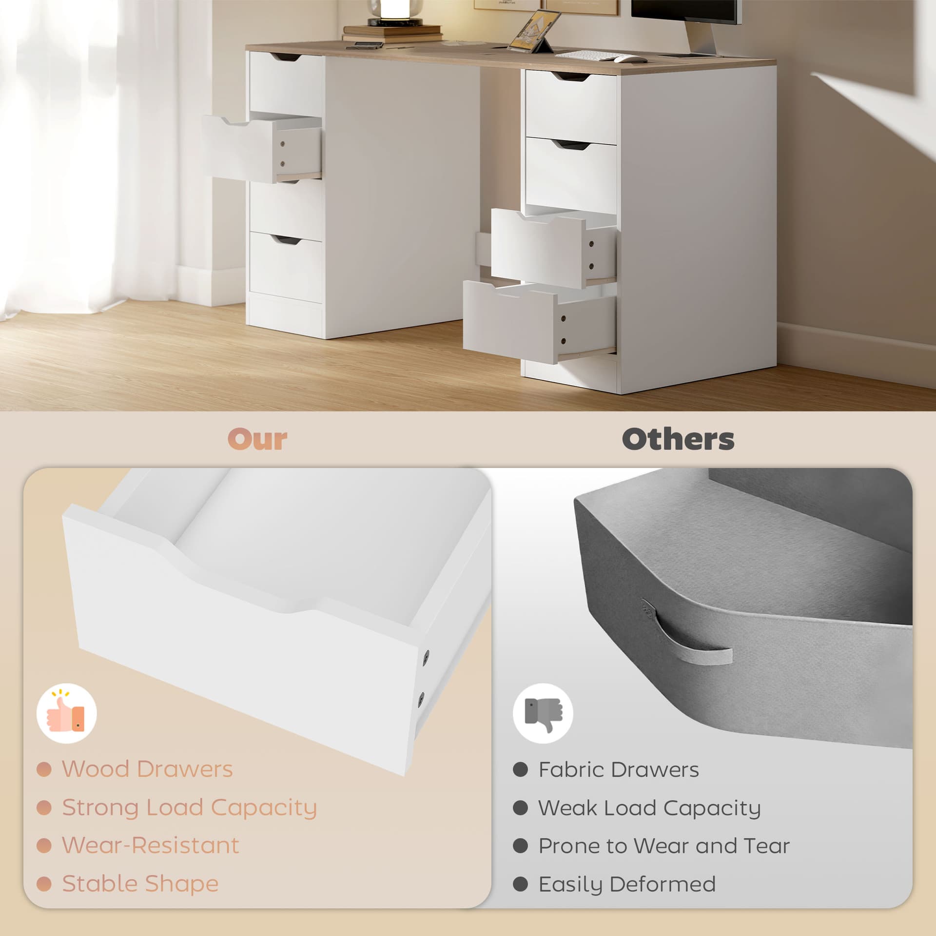 Desk with 8 Drawers, 55.1"W × 20.9"D × 29.5"H Modern Computer Desk for Office, Living Room, White - Computer Desks - Office Furniture