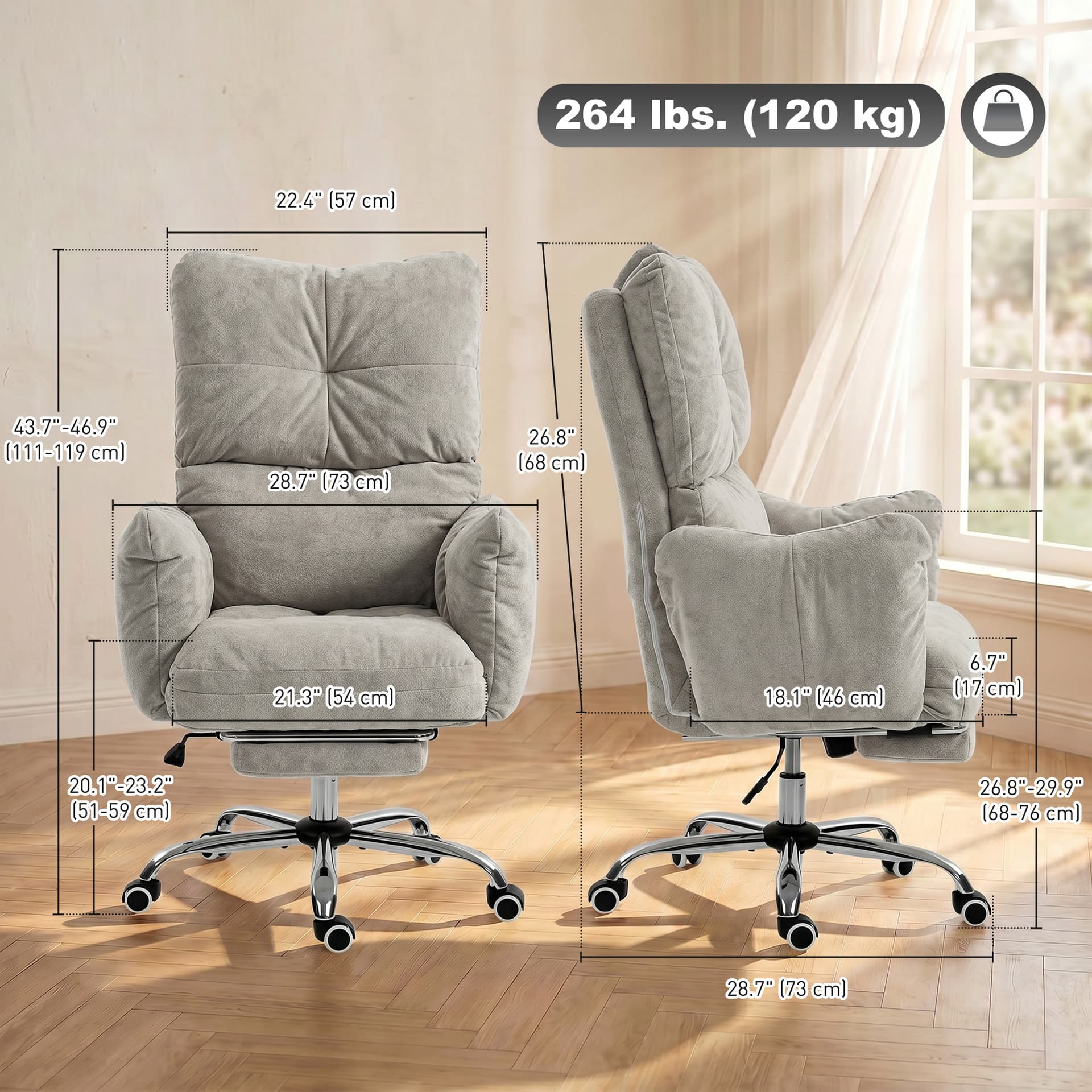 Office Chair with Foot Rest, Ergonomic Reclining Computer Gaming Chair w/ Snow Flannel Fabric, Thick Cushion, Light Grey - Office Chairs - Office Furniture