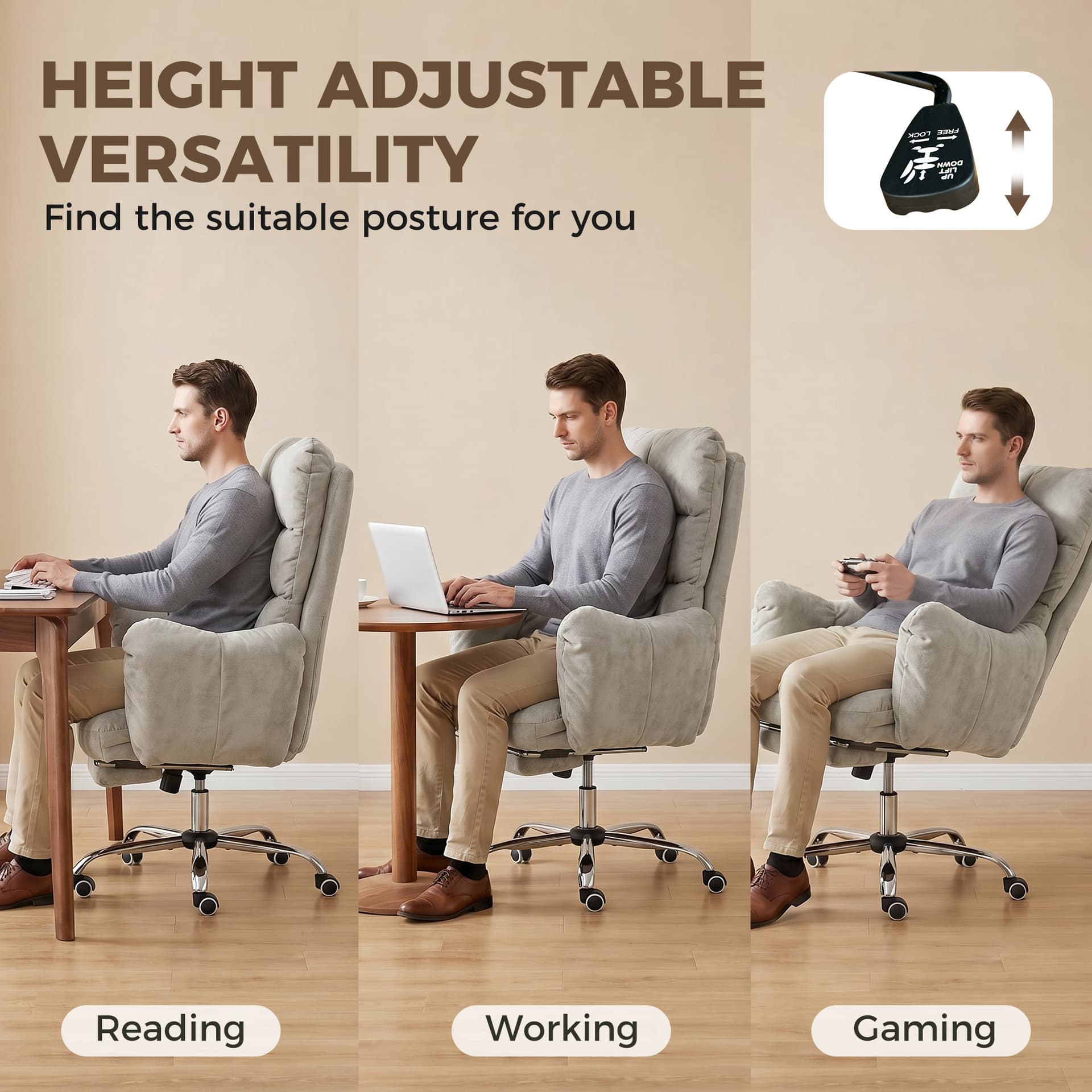 Office Chair with Foot Rest, Ergonomic Reclining Computer Gaming Chair w/ Snow Flannel Fabric, Thick Cushion, Light Grey - Office Chairs - Office Furniture