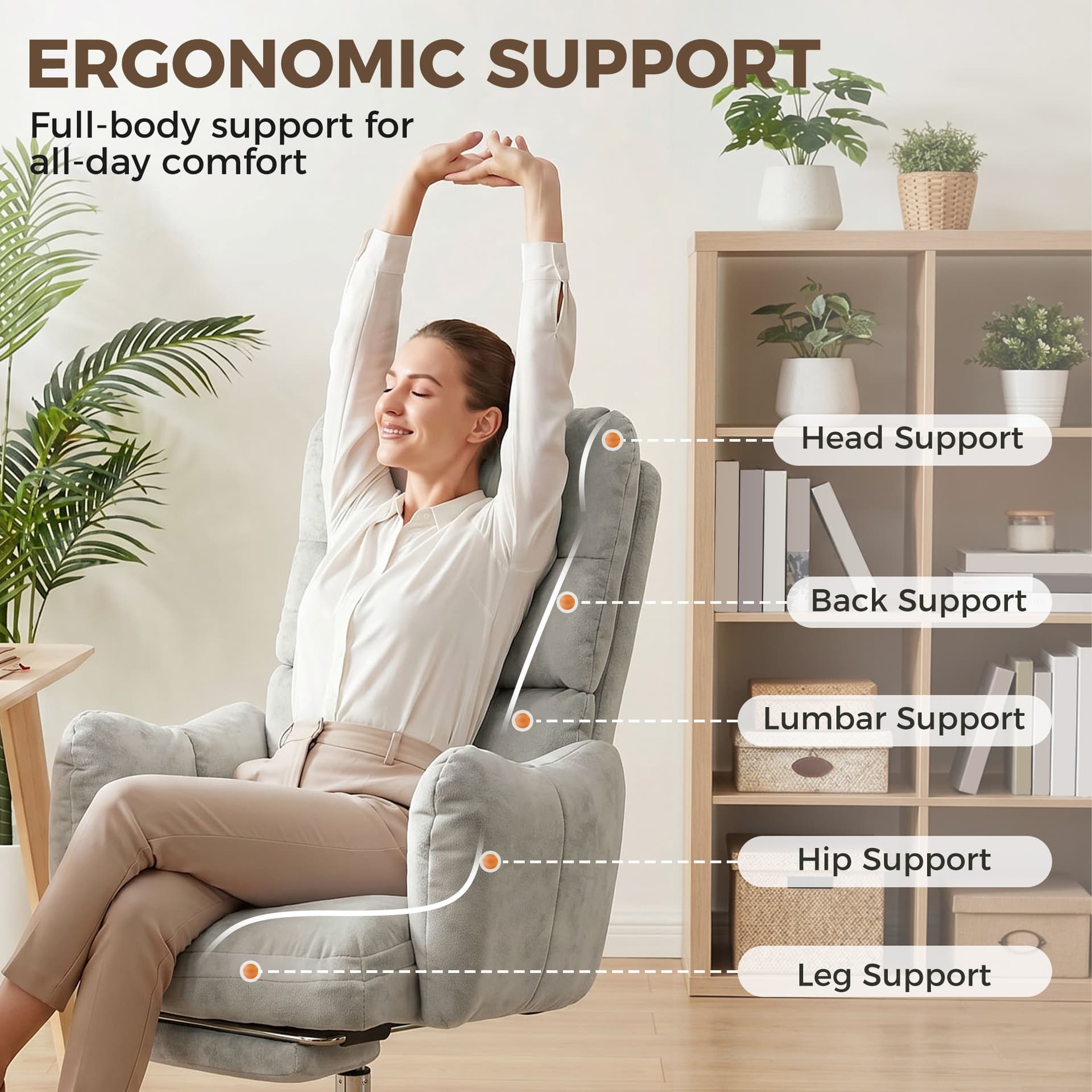 Office Chair with Foot Rest, Ergonomic Reclining Computer Gaming Chair w/ Snow Flannel Fabric, Thick Cushion, Light Grey - Office Chairs - Office Furniture