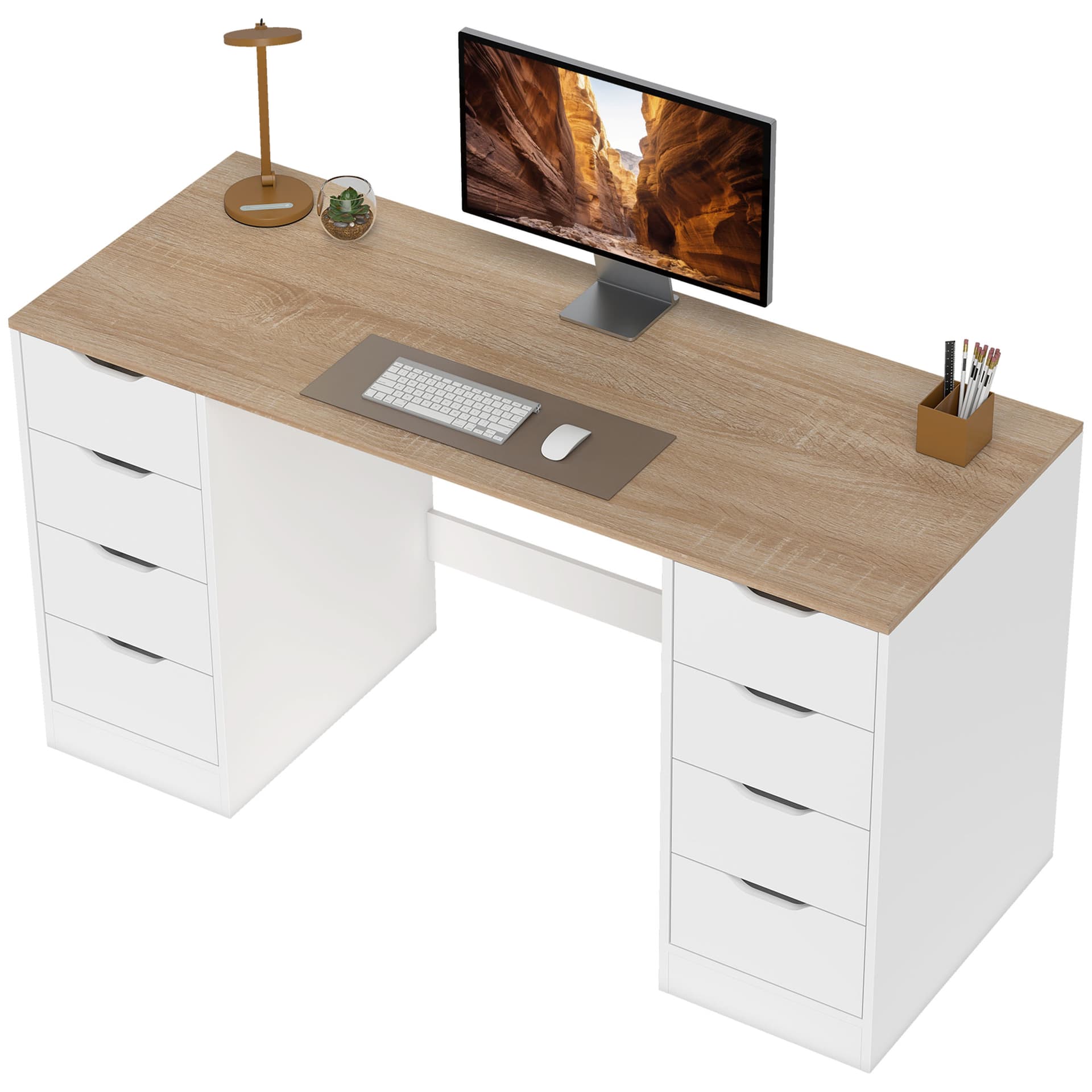 Desk with 8 Drawers, 55.1"W × 20.9"D × 29.5"H Modern Computer Desk for Office, Living Room, White - Computer Desks - Office Furniture