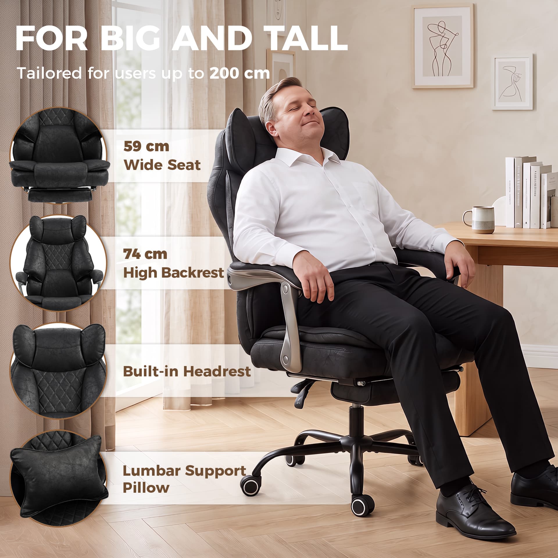 Executive Office Chair, Leathaire Big and Tall Office Chair 400 lbs with Wide Seat, Reclining, Lumbar Support, Black - Executive & Manager Chairs - Office Furniture