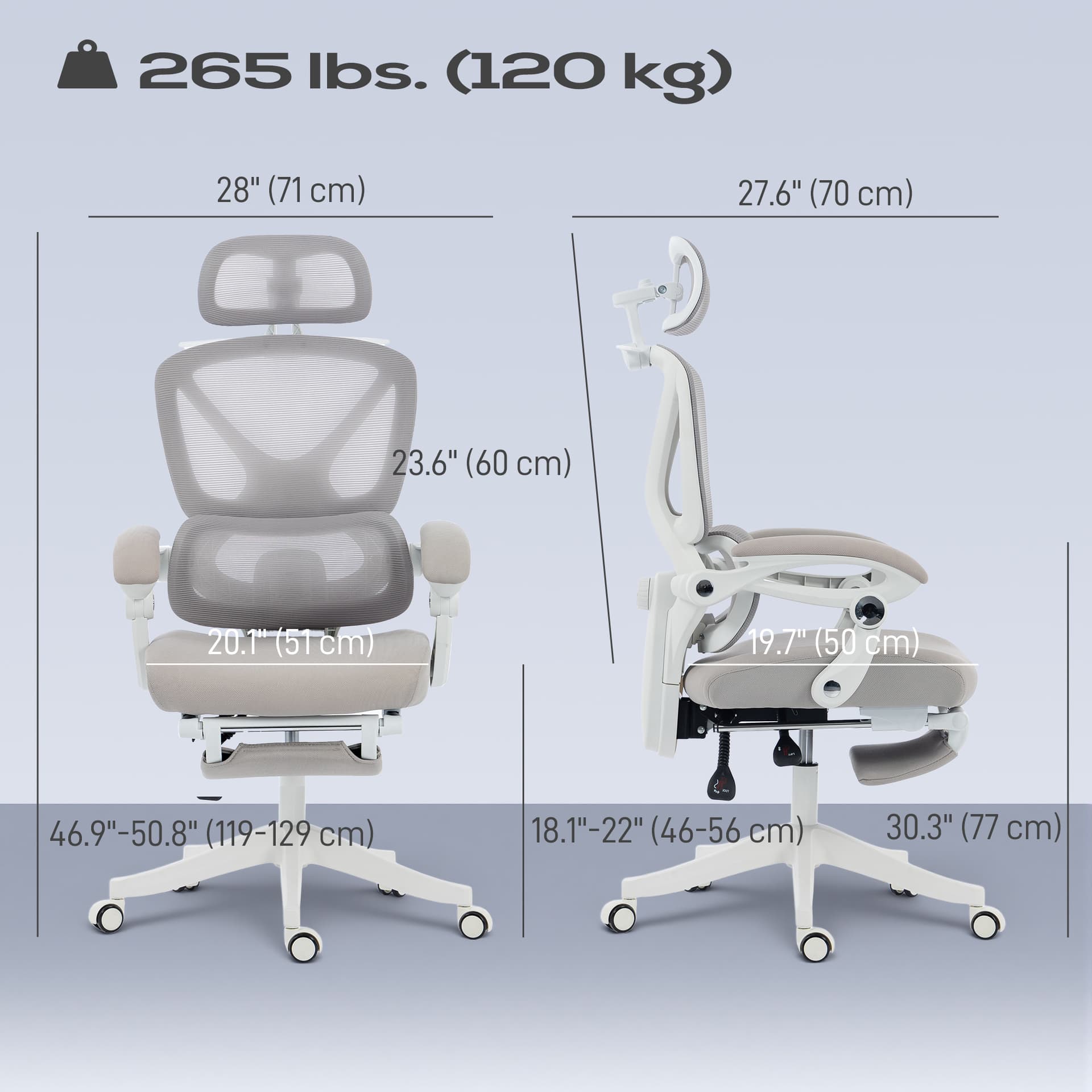 Mesh Desk Chair with Adjustable Headrest, Reclining Ergonomic Office Chair with Footrest, Light Grey - Task Chairs - Office Furniture