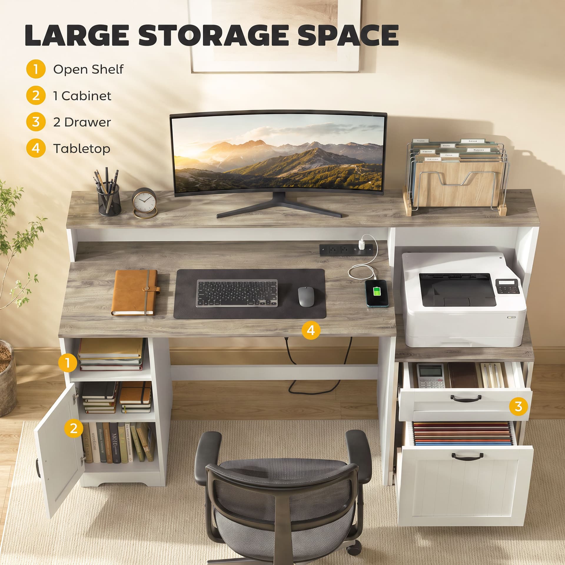 Computer Desk with Power Outlets Office Desk 1 Cabinet File Drawer Grey Brown White - Writing Desks - Office Furniture