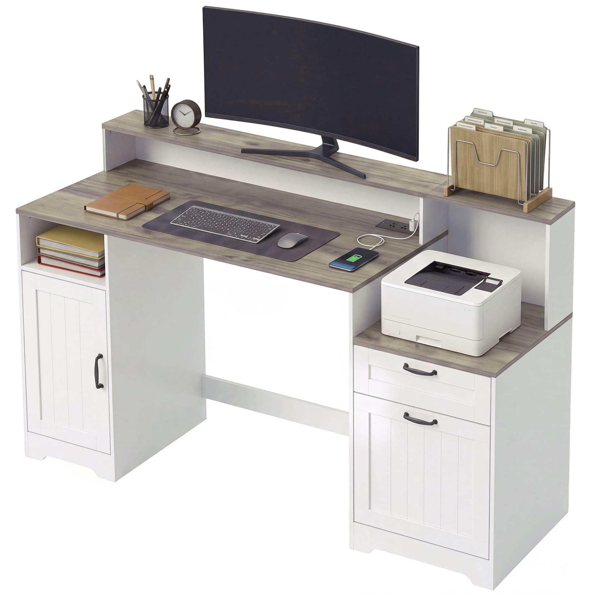 Computer Desk with Power Outlets Office Desk 1 Cabinet File Drawer Grey Brown White - Writing Desks - Office Furniture