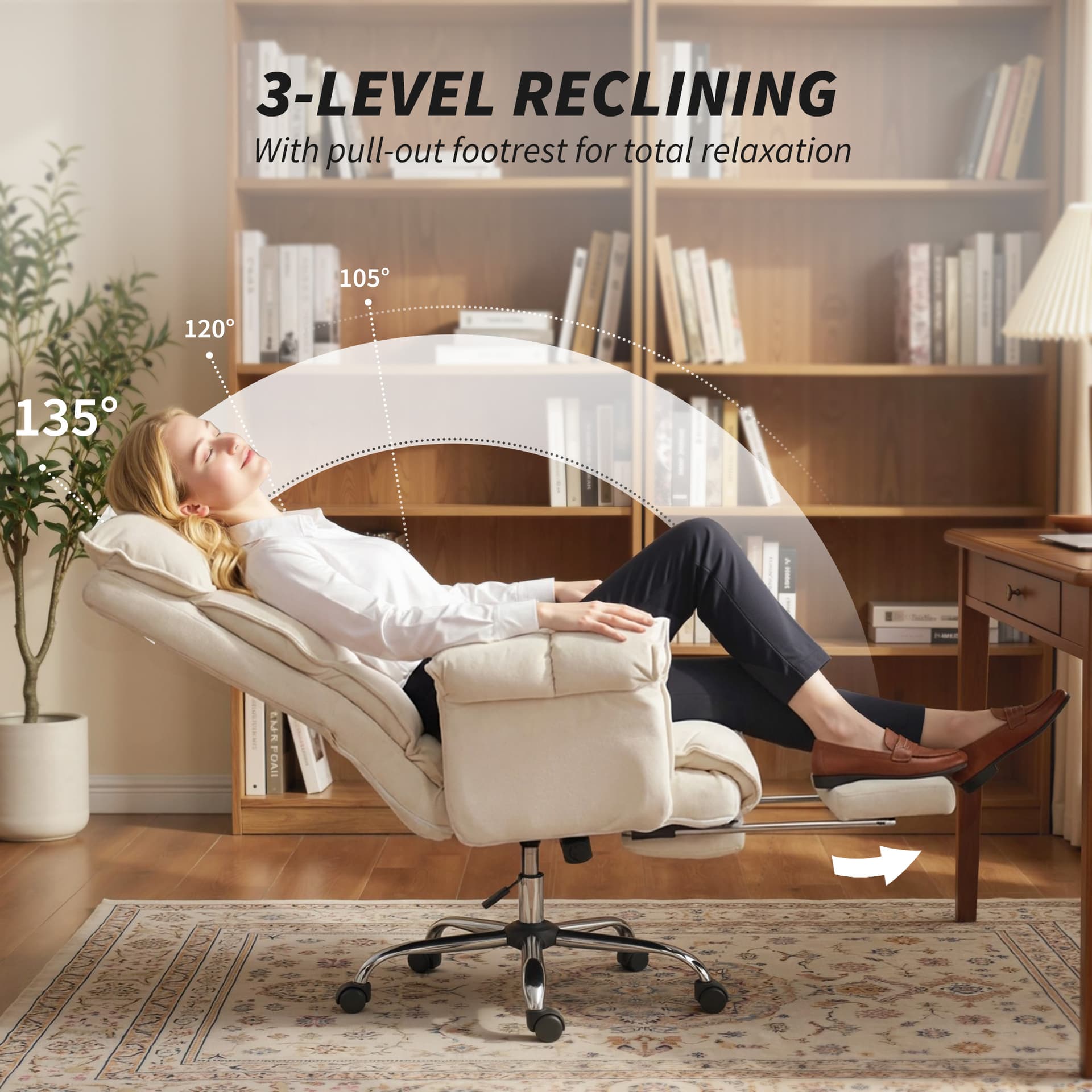 Desk Chair, Computer Office Chair with Footrest, Adjustable Backrest and Headrest, Cream White - Executive & Manager Chairs - Office Furniture