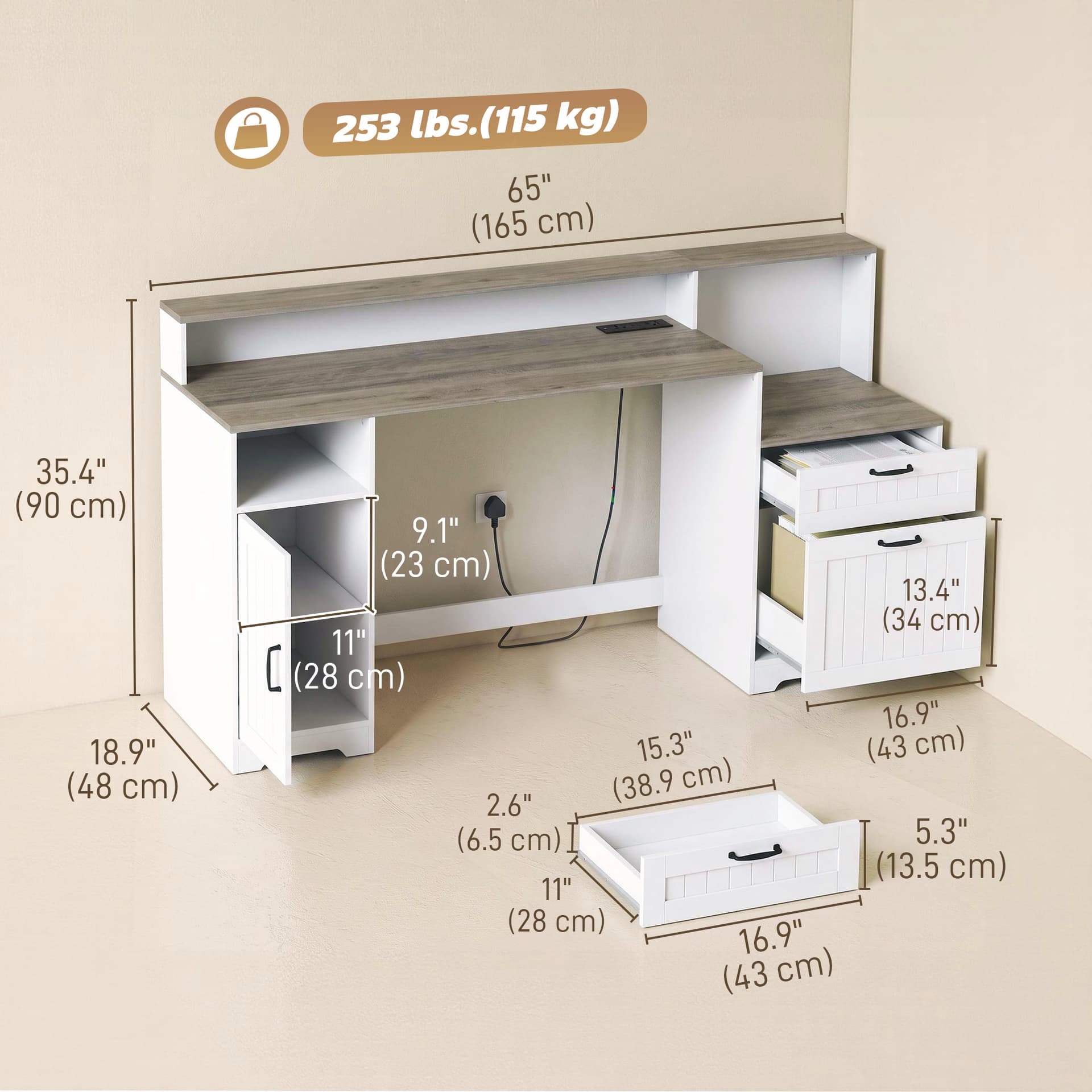 Computer Desk with Power Outlets Office Desk 1 Cabinet File Drawer Grey Brown White - Writing Desks - Office Furniture