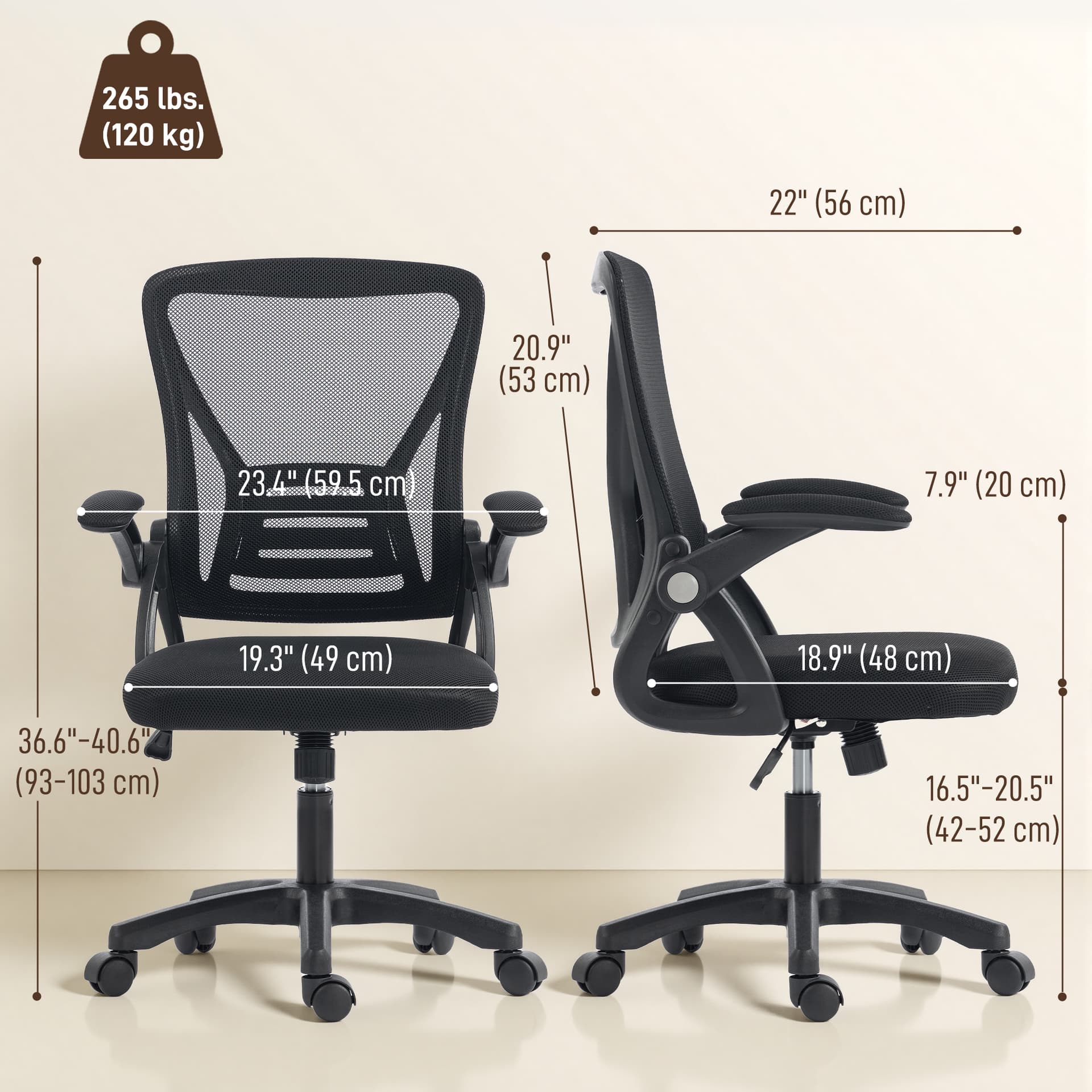 Office Chair, Mesh Desk Chair with Flip-up Armrests, Lumbar Support, Adjustable Height, Black - Task Chairs - Office Furniture