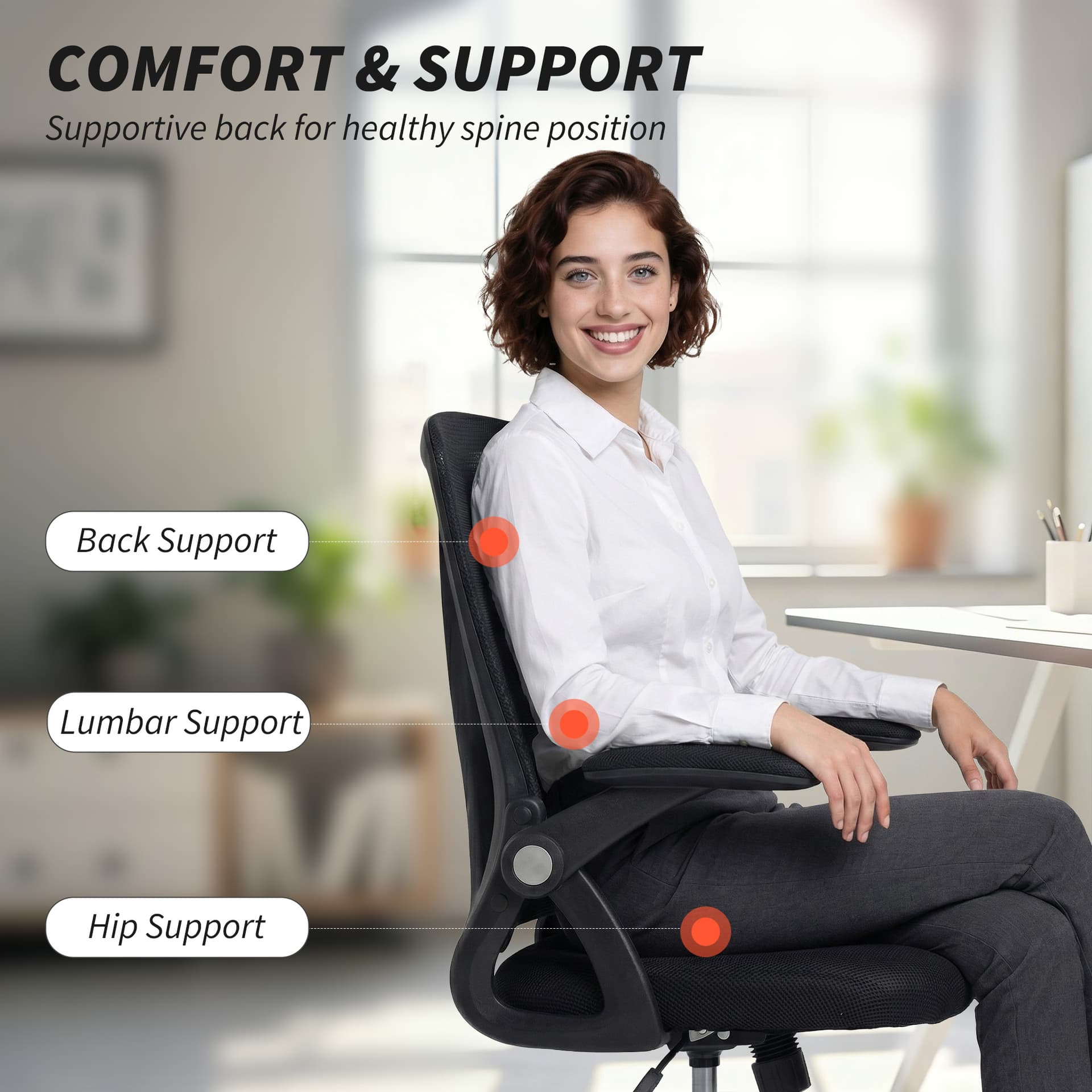 Office Chair, Mesh Desk Chair with Flip-up Armrests, Lumbar Support, Adjustable Height, Black - Task Chairs - Office Furniture
