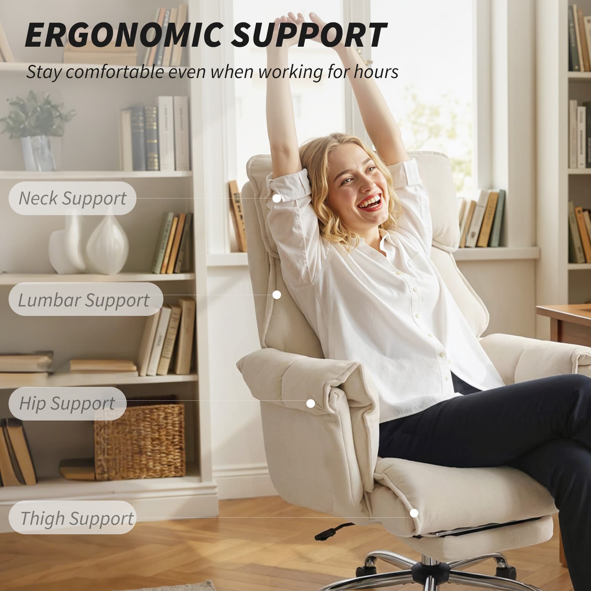 Desk Chair, Computer Office Chair with Footrest, Adjustable Backrest and Headrest, Cream White - Executive & Manager Chairs - Office Furniture