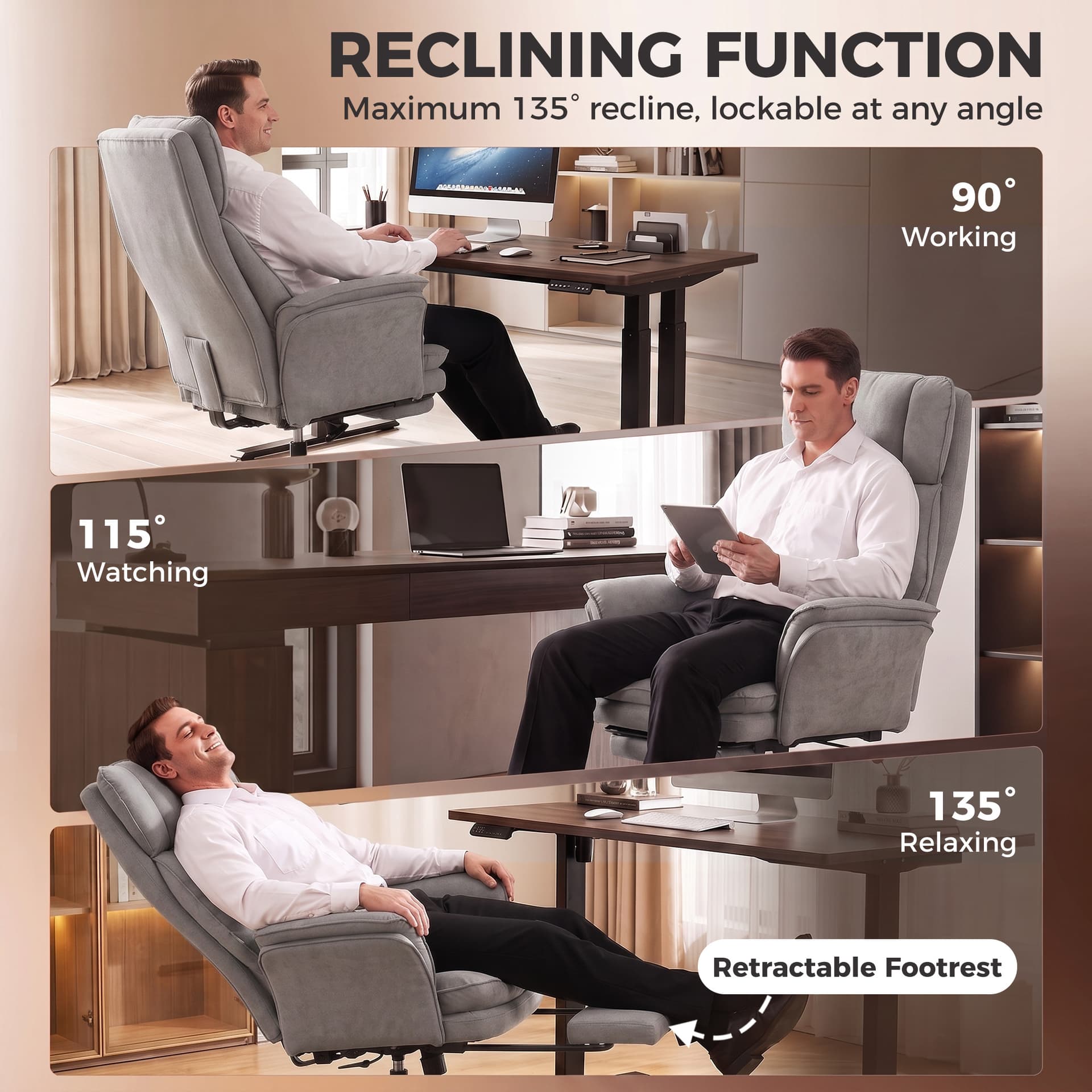 Cross Legged Office Chair with Footrest, 396 lbs Reclining Computer Desk Chair with High Back, Flip-up Armrests, Grey - Executive & Manager Chairs - Office Furniture
