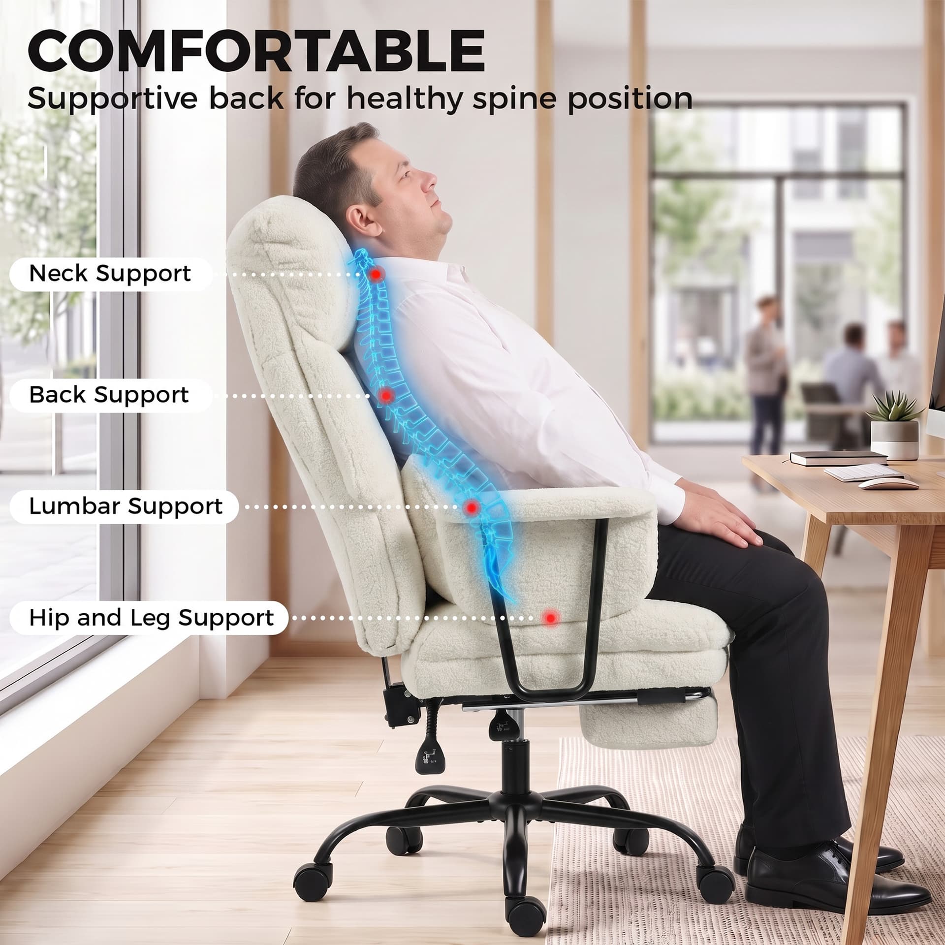 Office Chair, 400 lbs Heavy Duty Linen Computer Desk Chair with Lumbar Support, Wide Seat, Spring Cushion, Cream White - Executive & Manager Chairs - Office Furniture