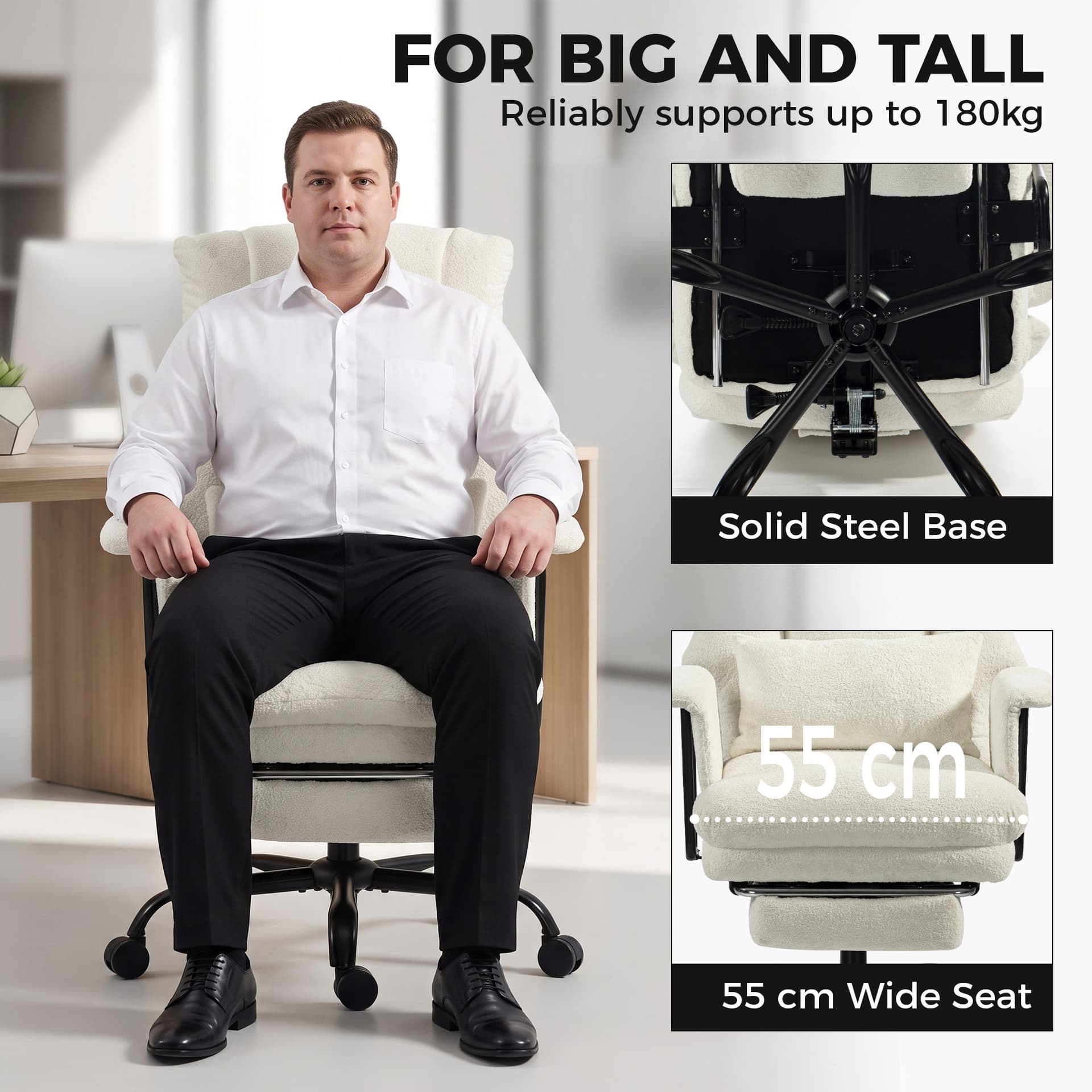 Office Chair, 400 lbs Heavy Duty Linen Computer Desk Chair with Lumbar Support, Wide Seat, Spring Cushion, Cream White - Executive & Manager Chairs - Office Furniture