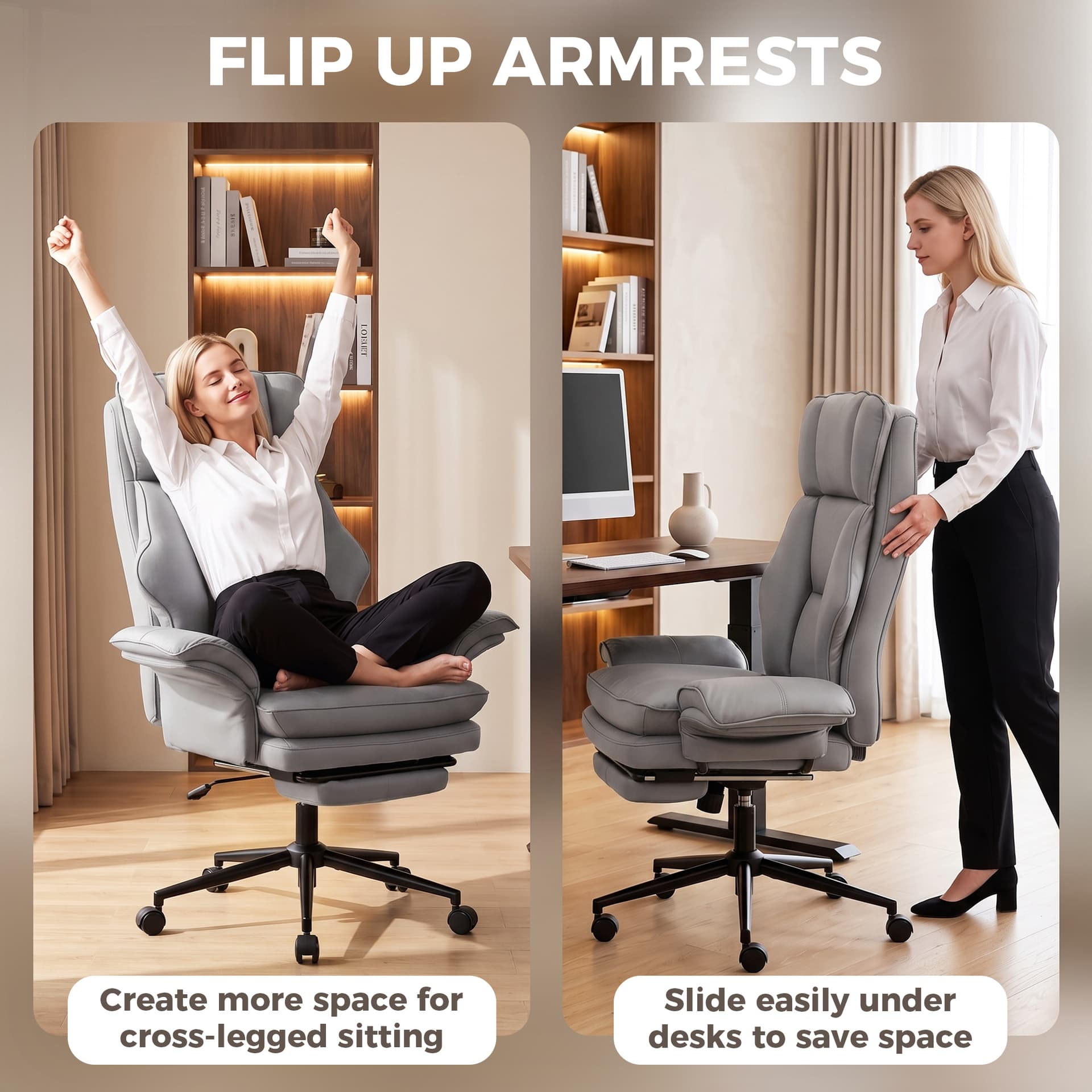 Cross Legged Office Chair with Footrest, 396 lbs Reclining Computer Desk Chair with High Back, Flip-up Armrests, Grey - Executive & Manager Chairs - Office Furniture