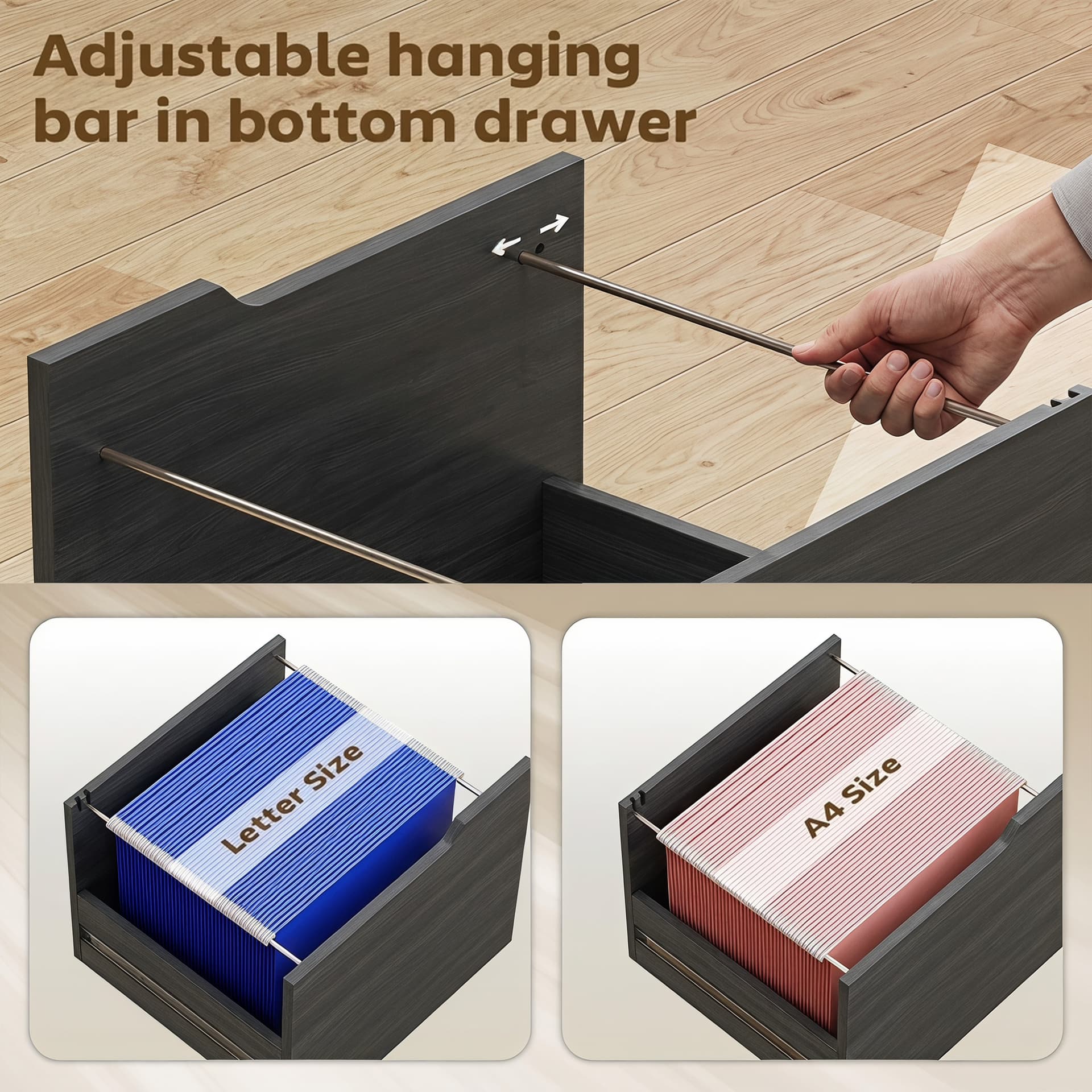 Filing Cabinet with Power Outlets File Cabinet Lockable Casters File Drawer Side Cubbies Black Wood Grain - Office Cabinets & Cupboards - Office Furniture