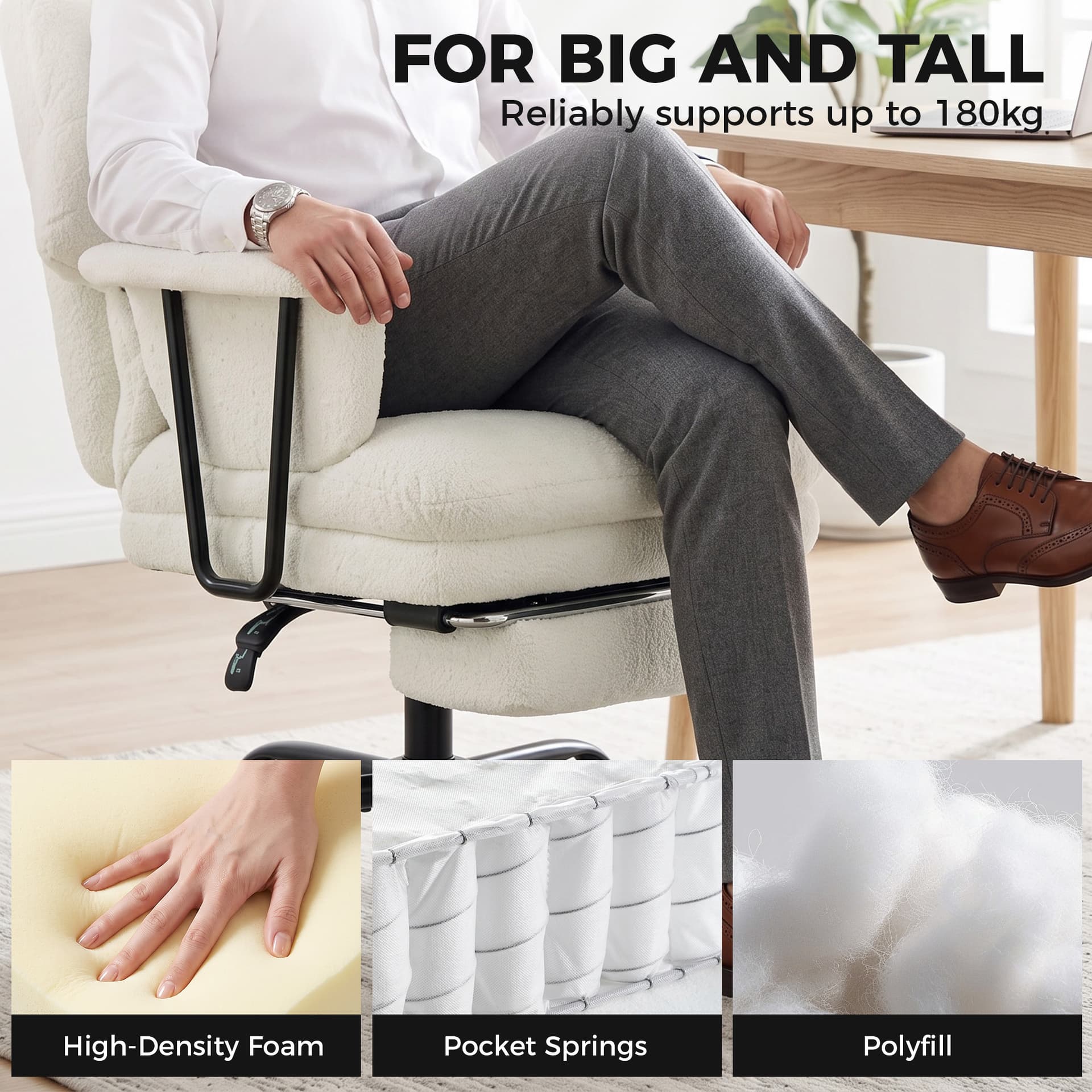 Office Chair, 400 lbs Heavy Duty Linen Computer Desk Chair with Lumbar Support, Wide Seat, Spring Cushion, Cream White - Executive & Manager Chairs - Office Furniture