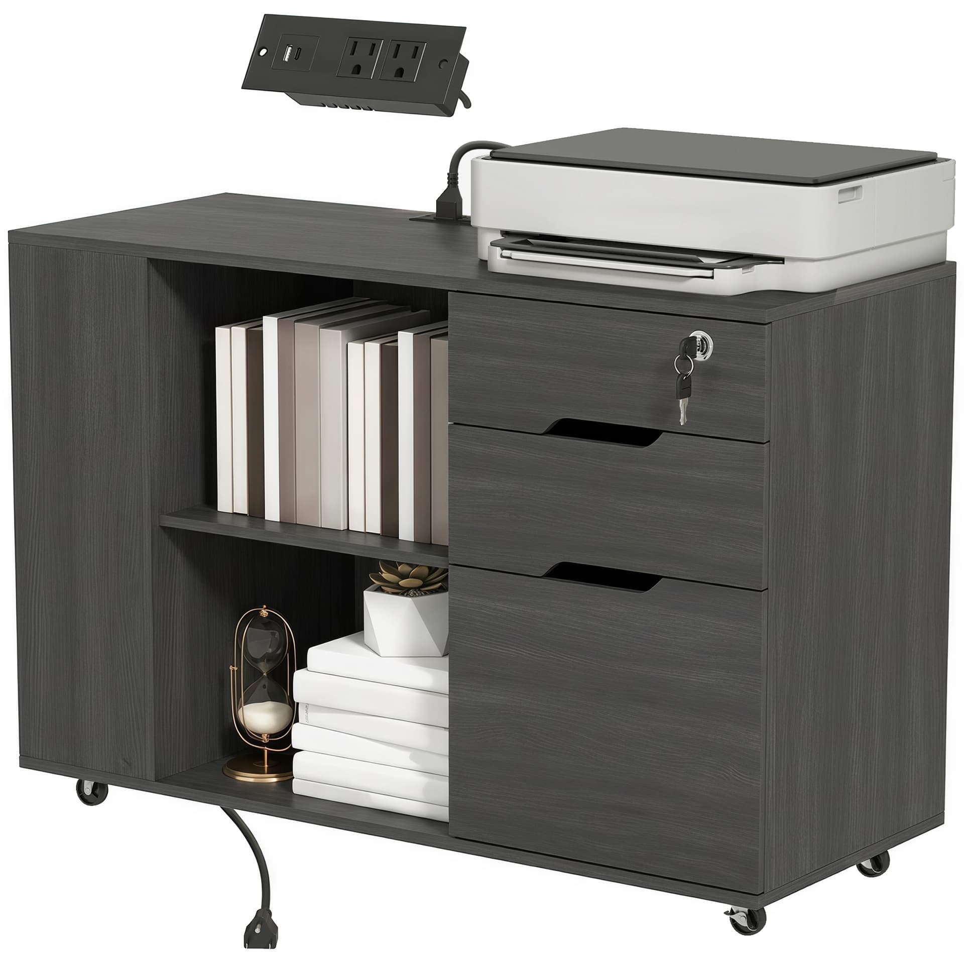 Filing Cabinet with Power Outlets File Cabinet Lockable Casters File Drawer Side Cubbies Black Wood Grain - Office Cabinets & Cupboards - Office Furniture