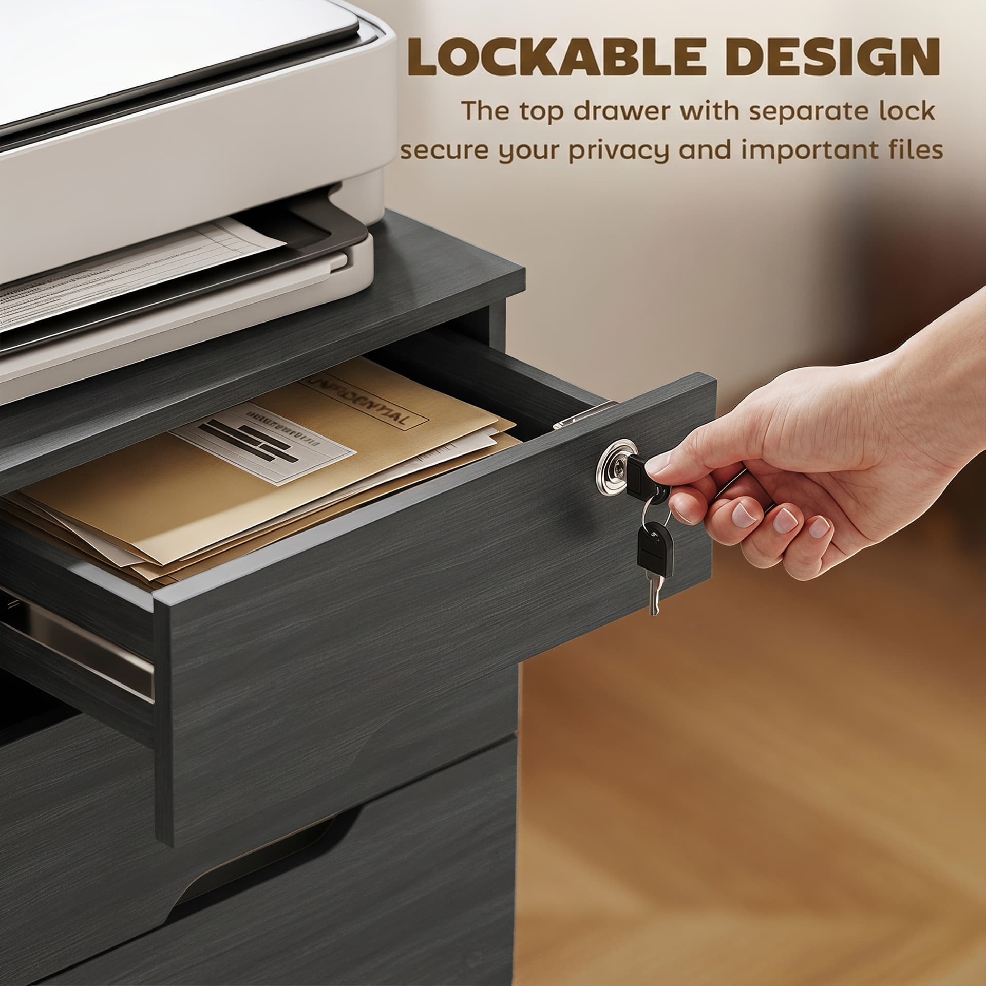 Filing Cabinet with Power Outlets File Cabinet Lockable Casters File Drawer Side Cubbies Black Wood Grain - Office Cabinets & Cupboards - Office Furniture