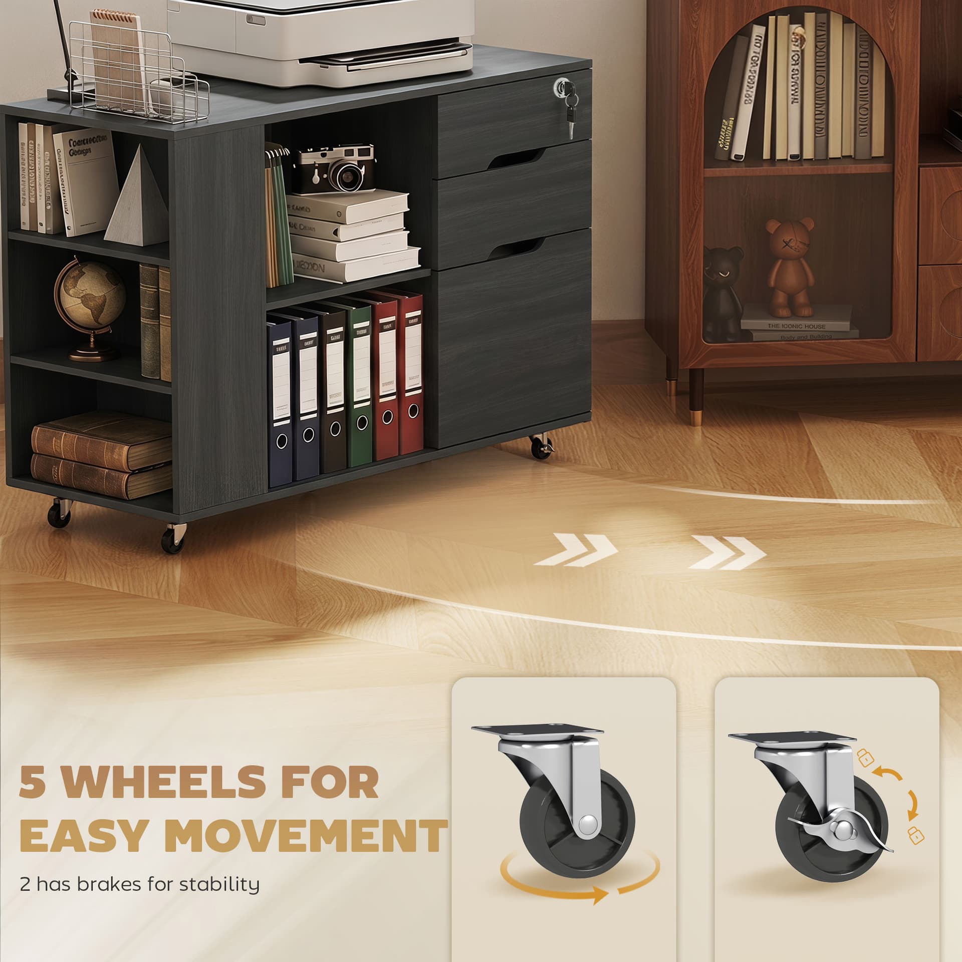 Filing Cabinet with Power Outlets File Cabinet Lockable Casters File Drawer Side Cubbies Black Wood Grain - Office Cabinets & Cupboards - Office Furniture