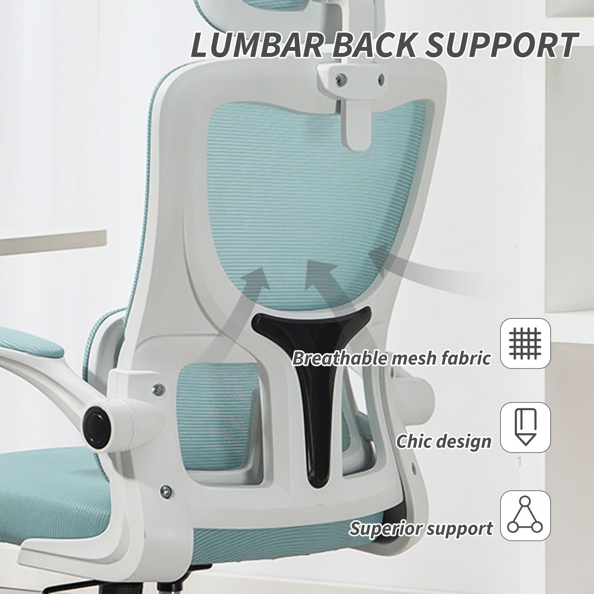 High Back Office Chair, Mesh Computer Chair with Rotatable Headrest, Lumbar Back Support, Adjustable Height, Light Blue