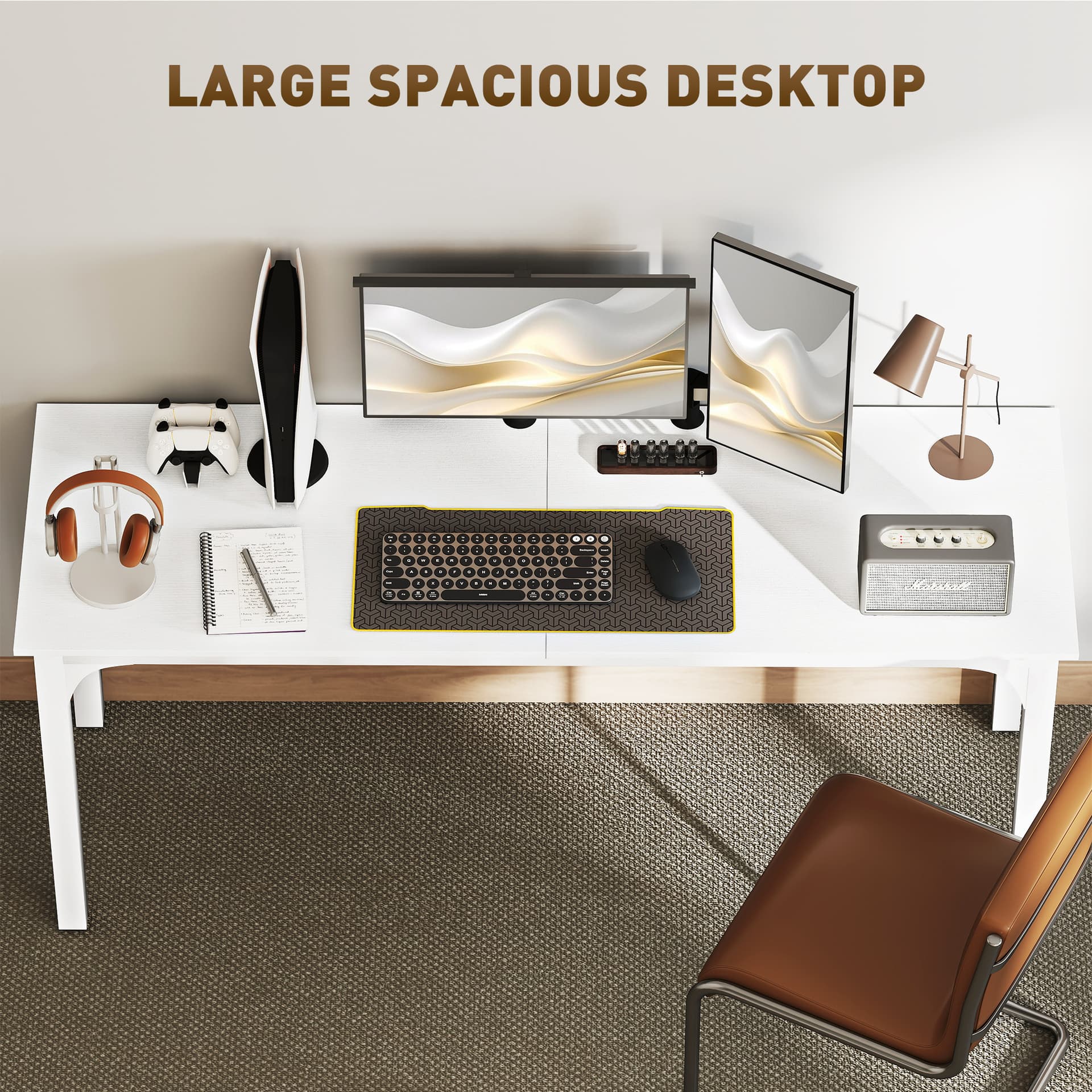 71" Computer Desk, Desktop Desk with Metal Legs, White