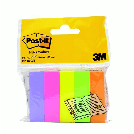 Хартиен маркировъчен етикет 3M Postit, 5x100 листа, 15x50 mm, смесен (FT510285917)