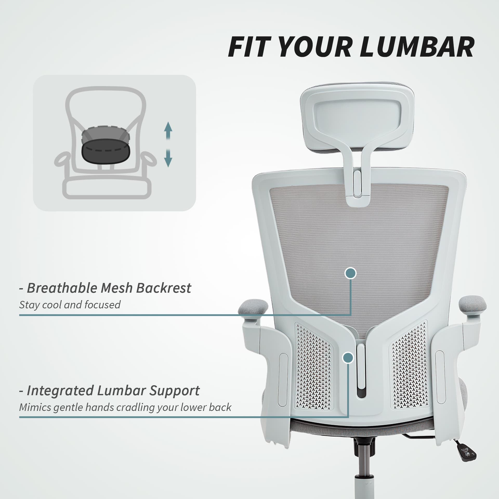 Ergonomic Office Chair, Swivel Desk Chair with Adjustable Lumbar Support, Headrest and Height, Flip-up Armrests, Grey