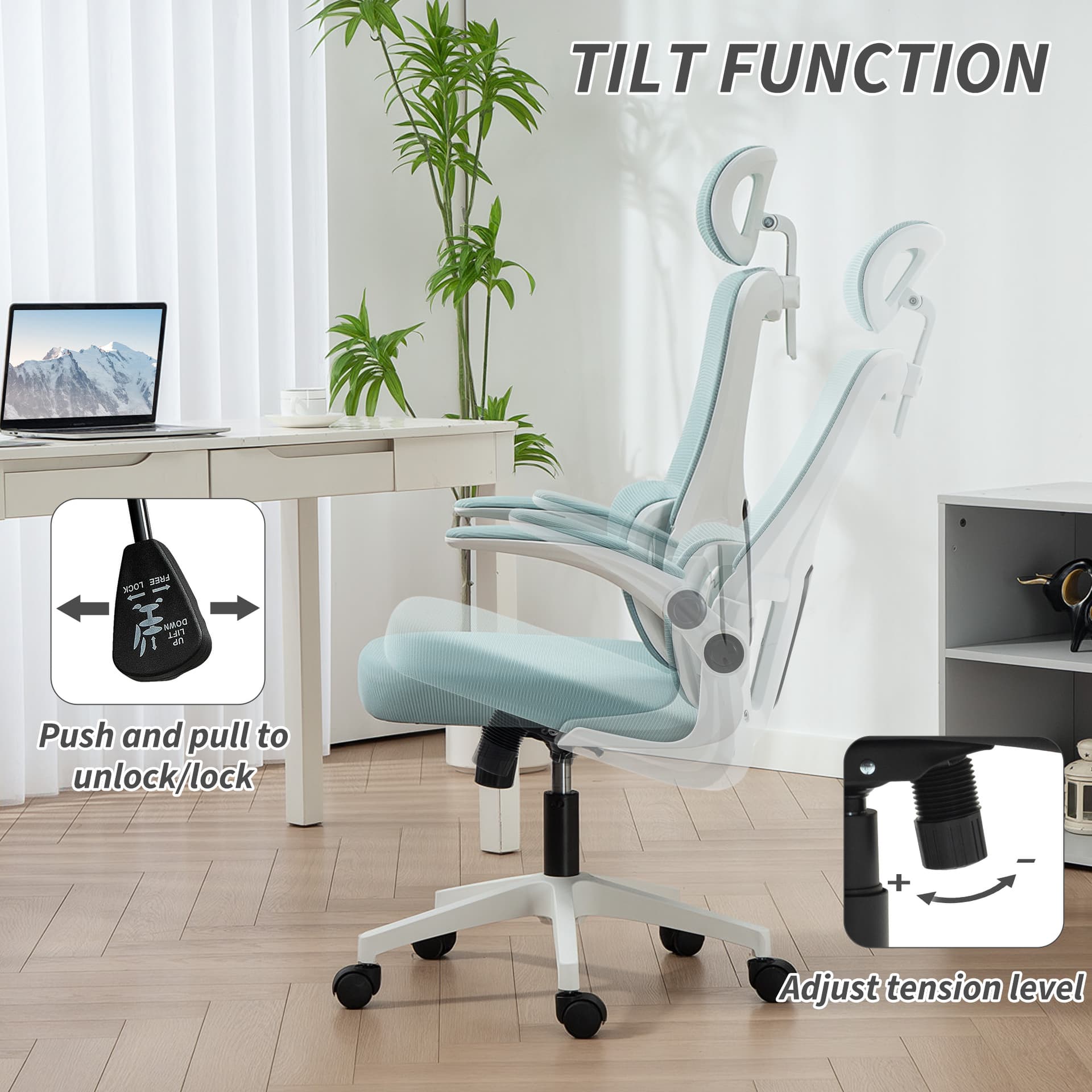 High Back Office Chair, Mesh Computer Chair with Rotatable Headrest, Lumbar Back Support, Adjustable Height, Light Blue
