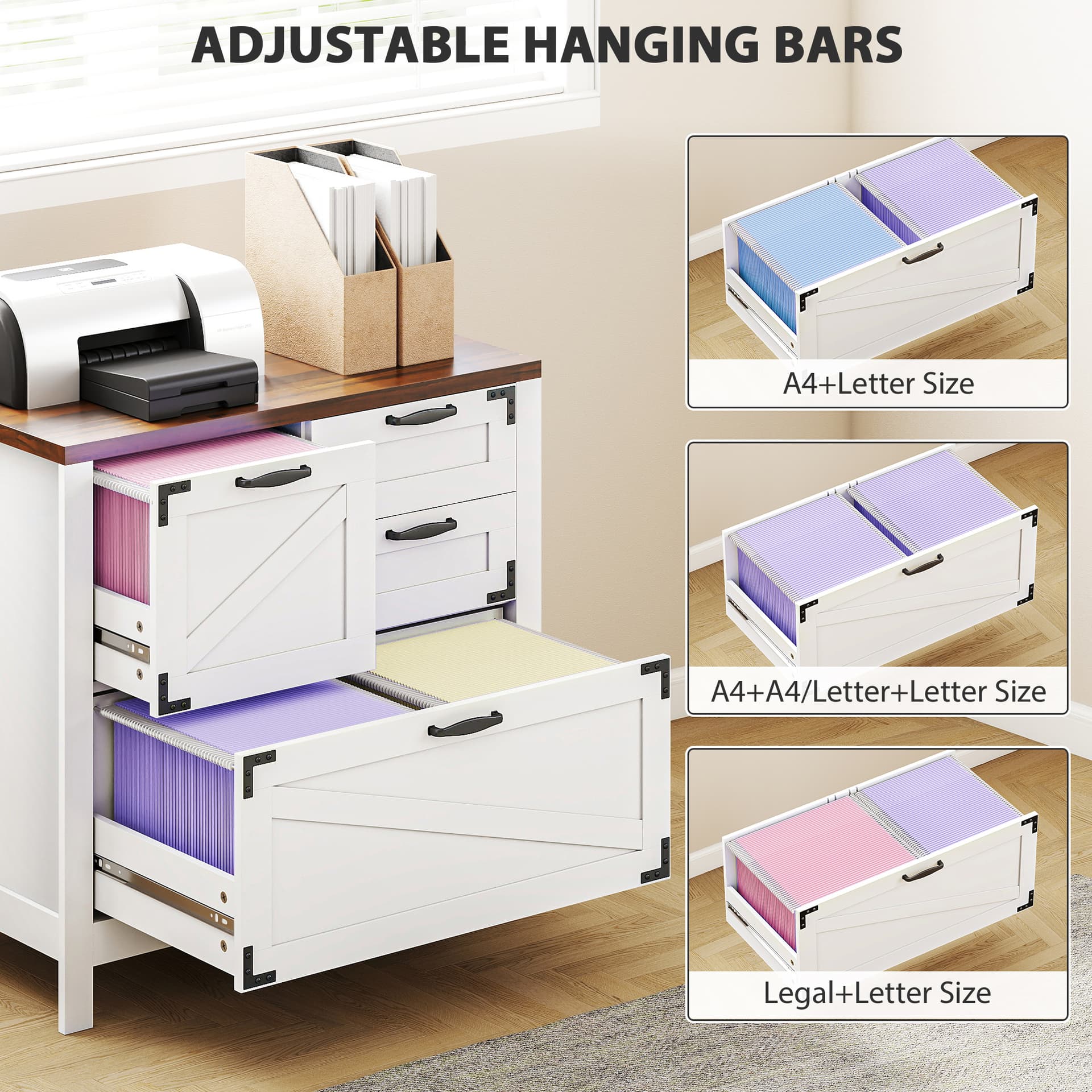 Lateral Filing Cabinet, Farmhouse File Cabinet with 4 Drawers, Fit Letter/A4/Legal Hanging Files, White