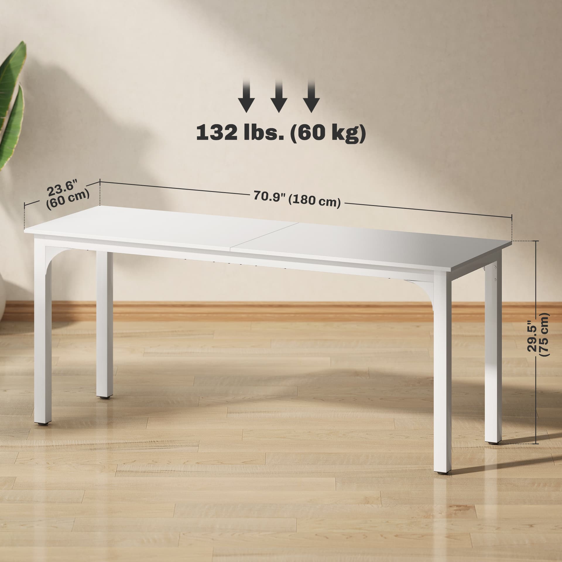 71" Computer Desk, Desktop Desk with Metal Legs, White