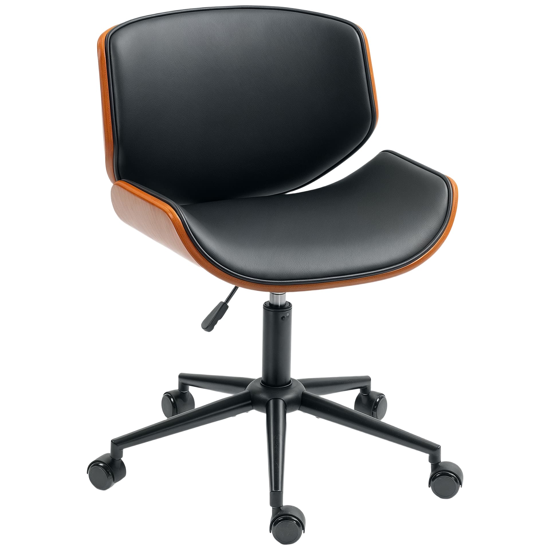 Mid-Century Modern Office Chair No Arms with Wheels, Small Computer Desk Chair with PU Leather Upholstery, Bentwood - Office Chairs - Office Furniture