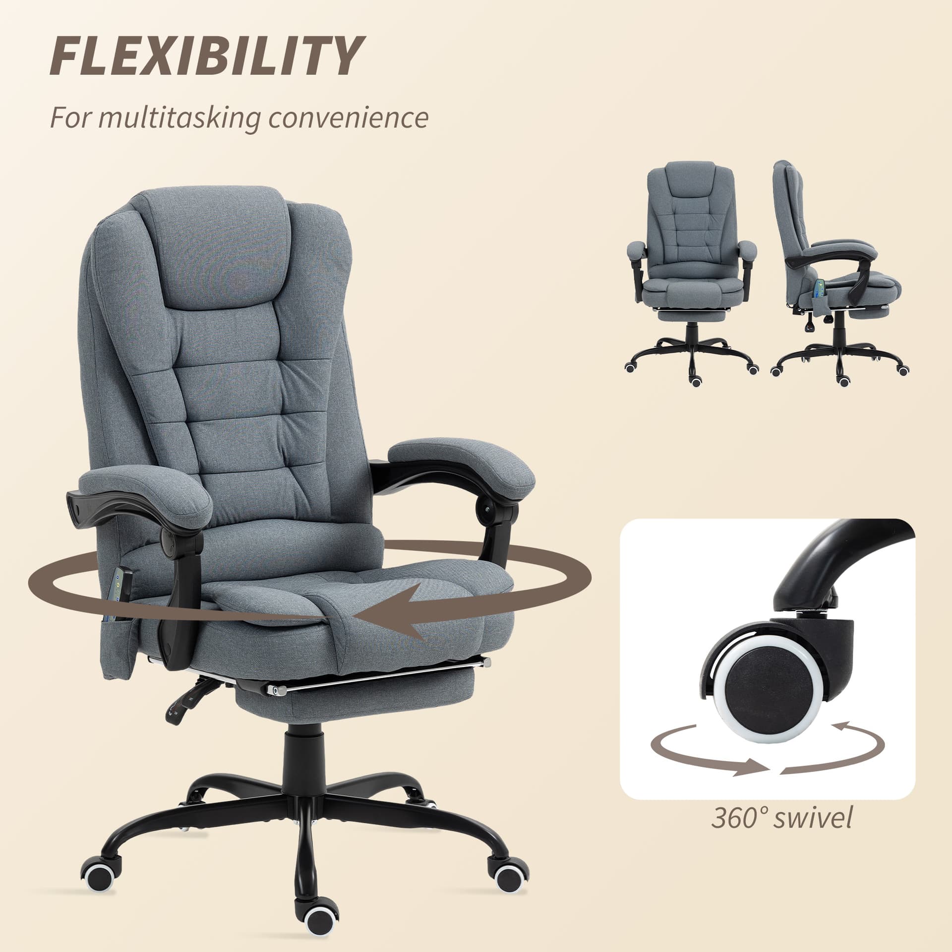 7-Point Vibrating Massage Chair, Reclining Office Chair with Footrest, Reclining Back, Adjustable Height, Grey