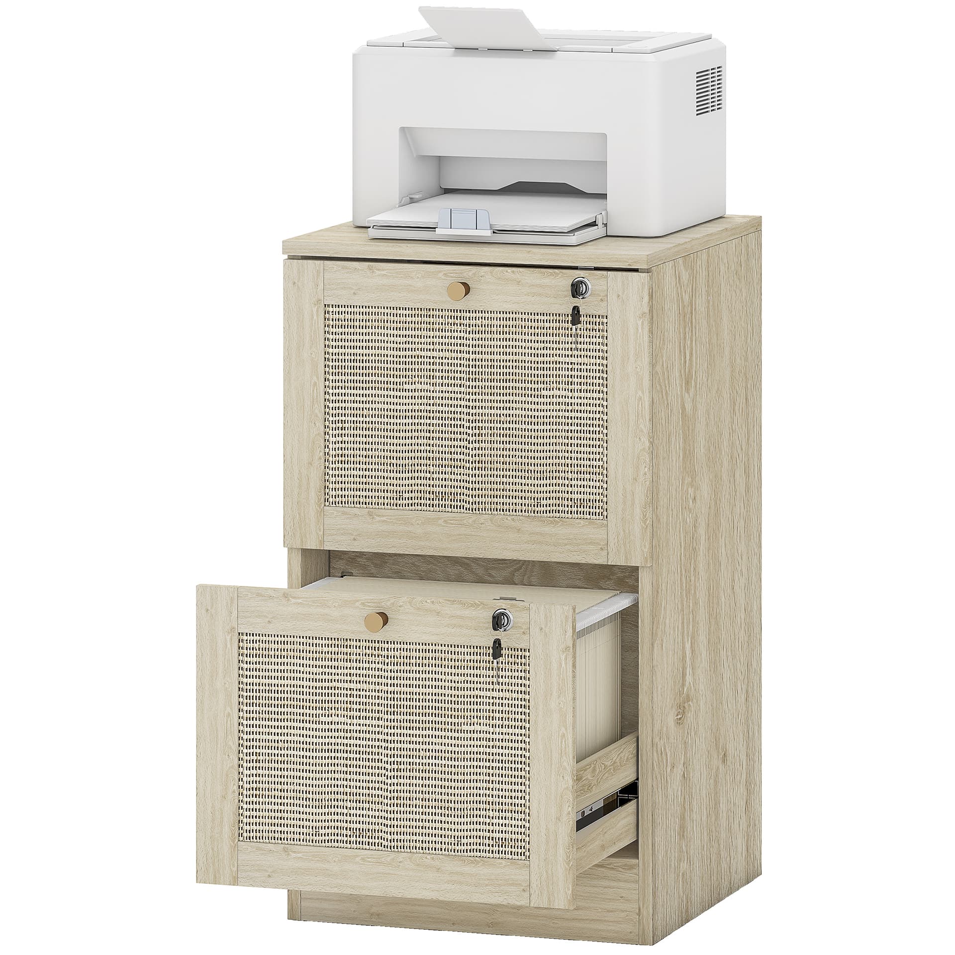 2 Drawer Filing Cabinet with Lock, Boho File Cabinet for A4 Letter Size Files with Decorative Rattan Accents, Oak - Office Cabinets & Cupboards - Office Furniture