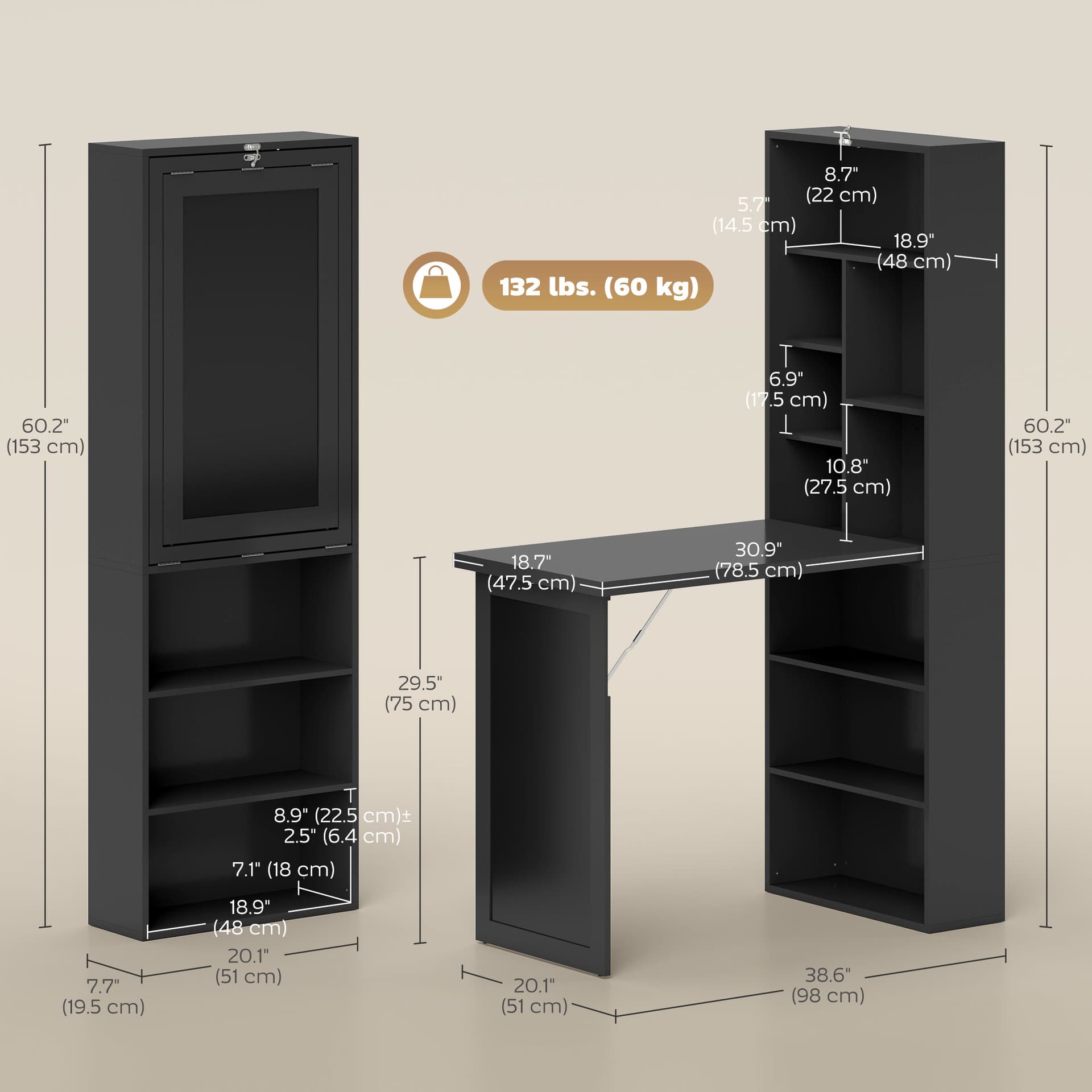 Fold-out Convertible Office Desk, Wall Mount Computer Desk with Blackboard and Side Shelf, Black