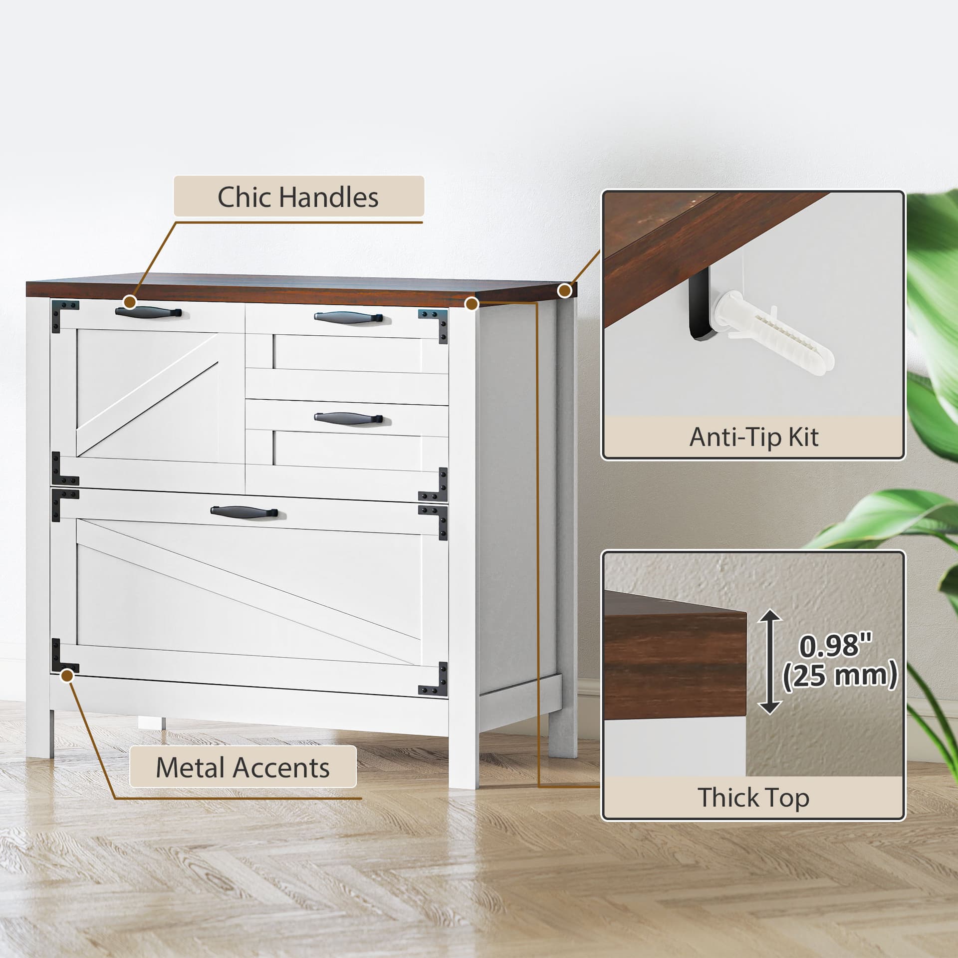 Lateral Filing Cabinet, Farmhouse File Cabinet with 4 Drawers, Fit Letter/A4/Legal Hanging Files, White