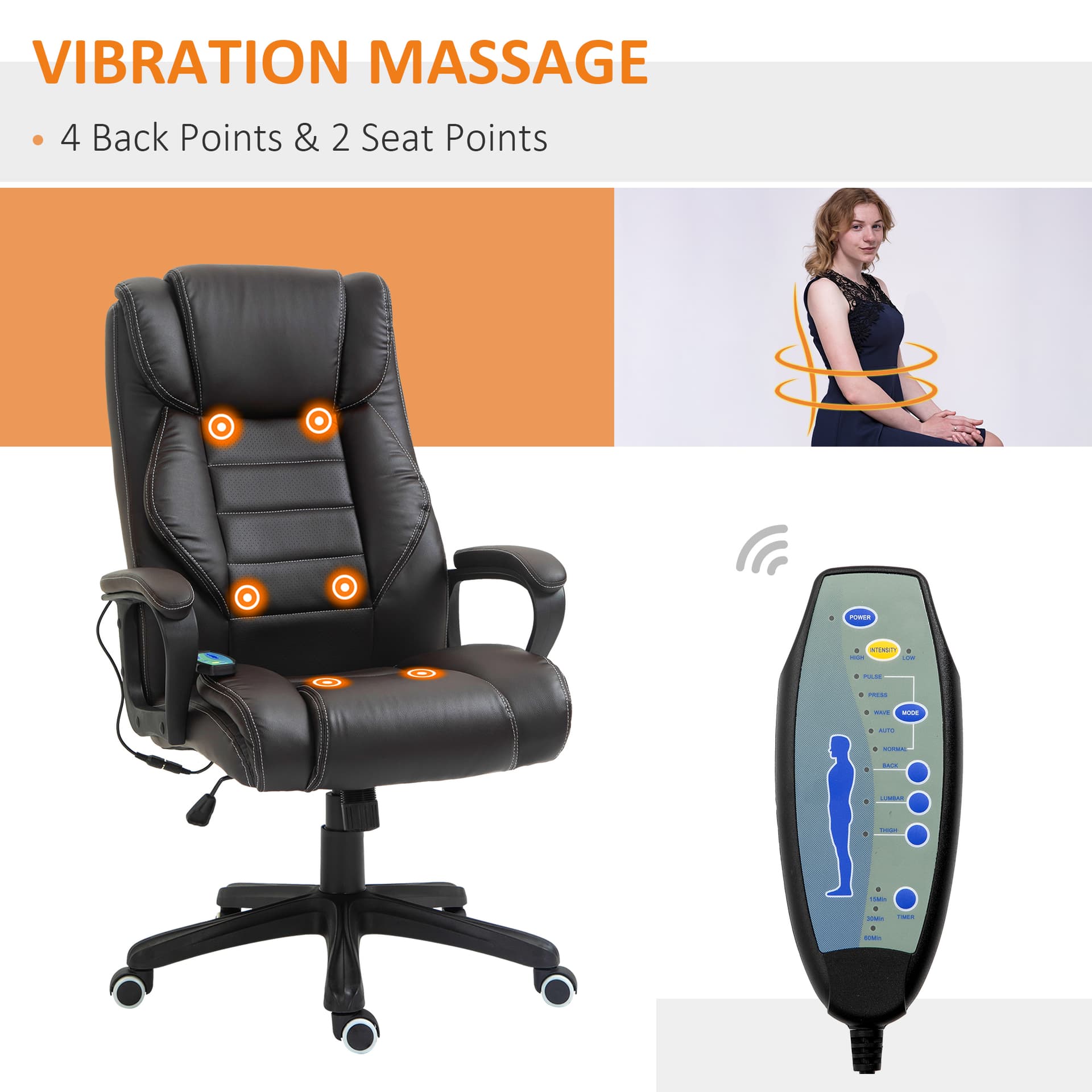 Massage Office Chair, High Back Executive Office Chair with 6-Point Vibration, Timer, Adjustable Height, Swivel Seat and Rocking Function, Brown