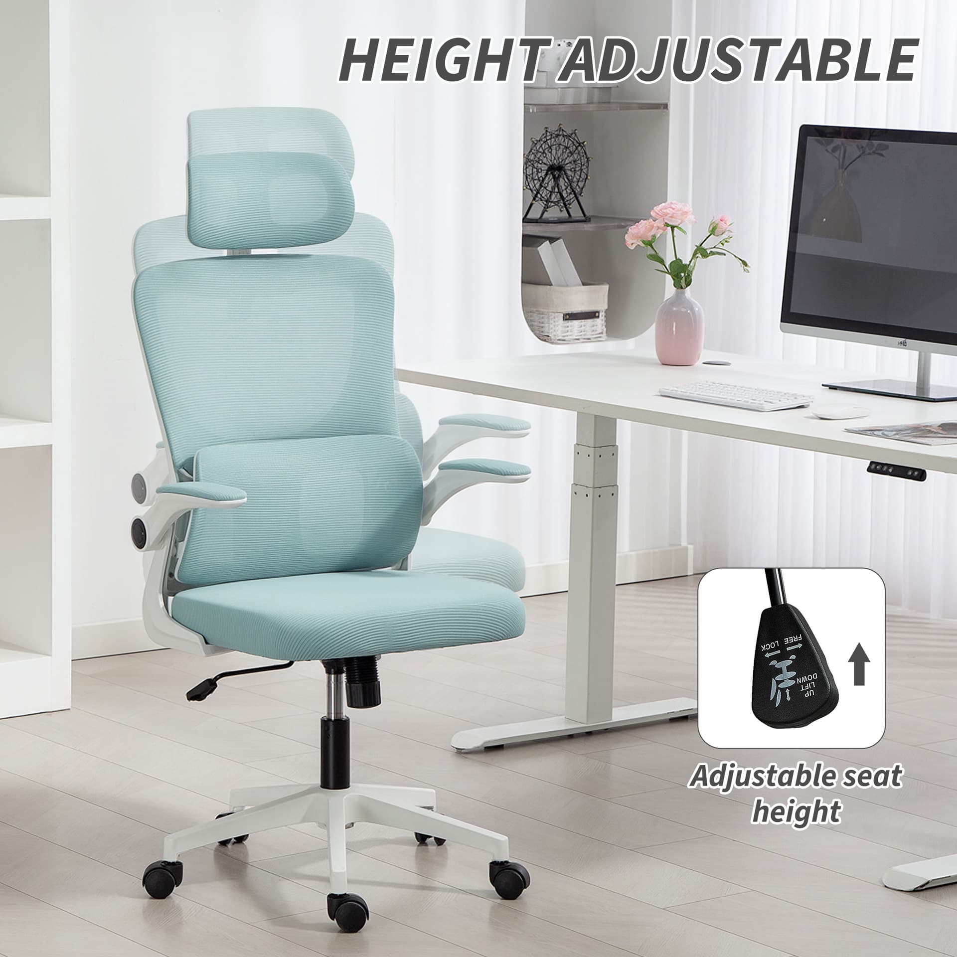 High Back Office Chair, Mesh Computer Chair with Rotatable Headrest, Lumbar Back Support, Adjustable Height, Light Blue