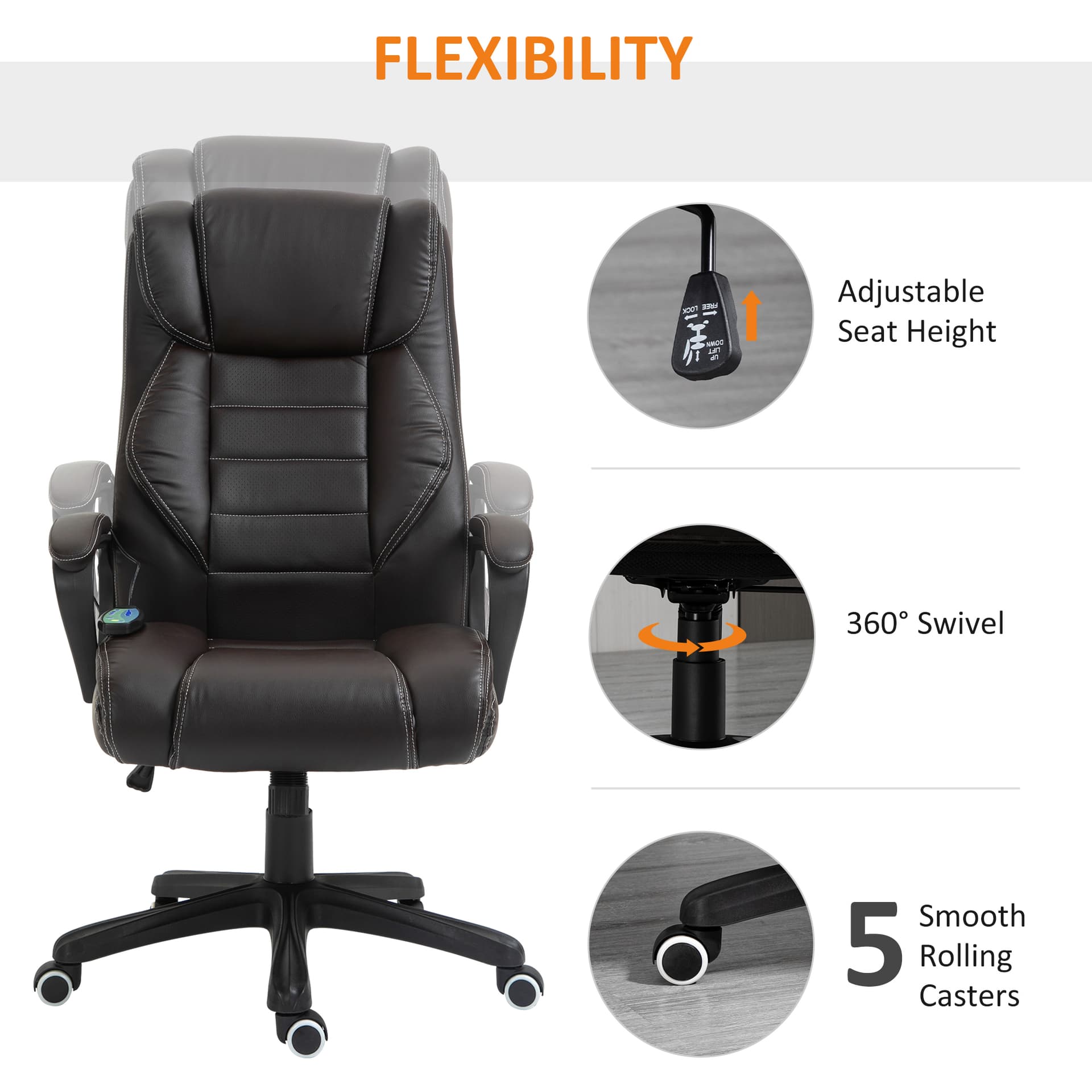 Massage Office Chair, High Back Executive Office Chair with 6-Point Vibration, Timer, Adjustable Height, Swivel Seat and Rocking Function, Brown