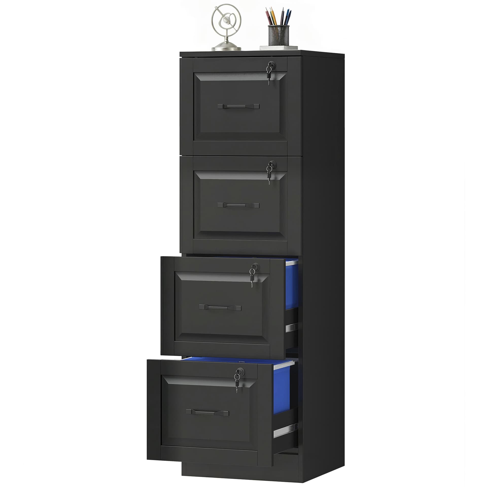 4 Drawer File Cabinet with Lock, Vertical Filing Cabinet with Adjustable Hanging Bars for A4 and Letter Size, Black - Office Cabinets & Cupboards - Office Furniture