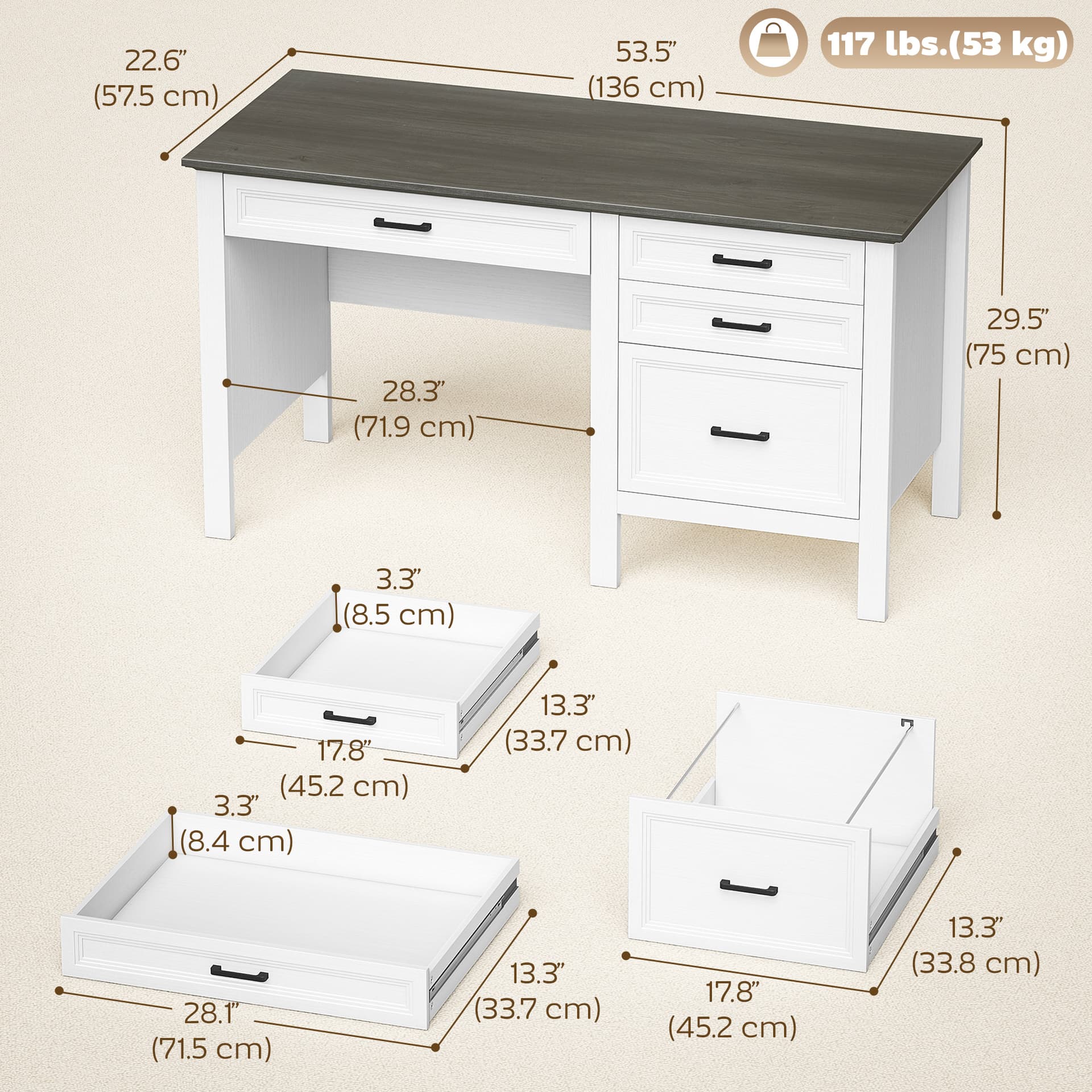 54" Farmhouse Executive Desk, Computer Desk with Drawers, Adjustable Hanging Rails for for A4/Letter Size Files, White - Computer Desks - Office Furniture