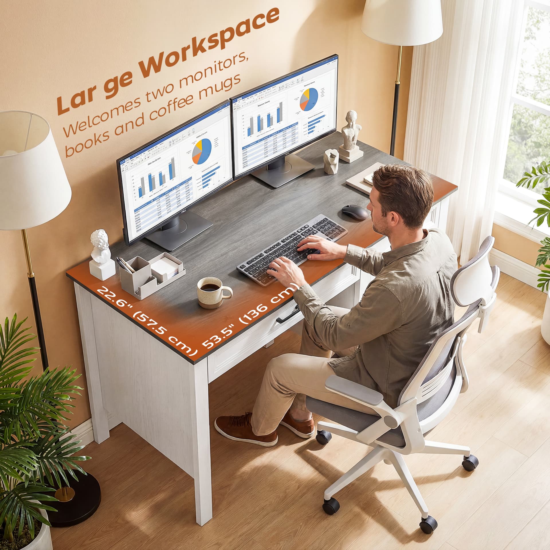 54" Farmhouse Executive Desk, Computer Desk with Drawers, Adjustable Hanging Rails for for A4/Letter Size Files, White - Computer Desks - Office Furniture
