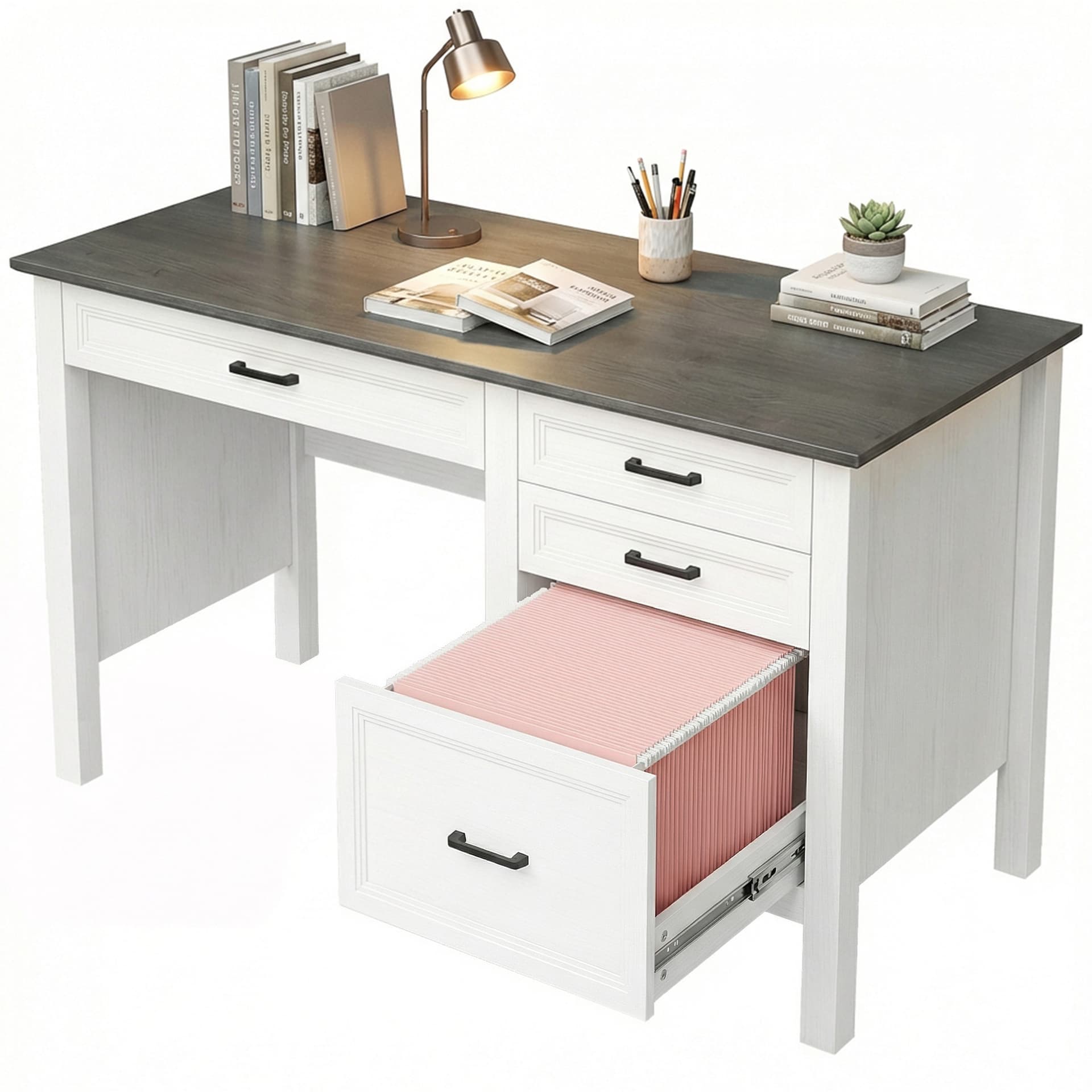 54" Farmhouse Executive Desk, Computer Desk with Drawers, Adjustable Hanging Rails for for A4/Letter Size Files, White - Computer Desks - Office Furniture