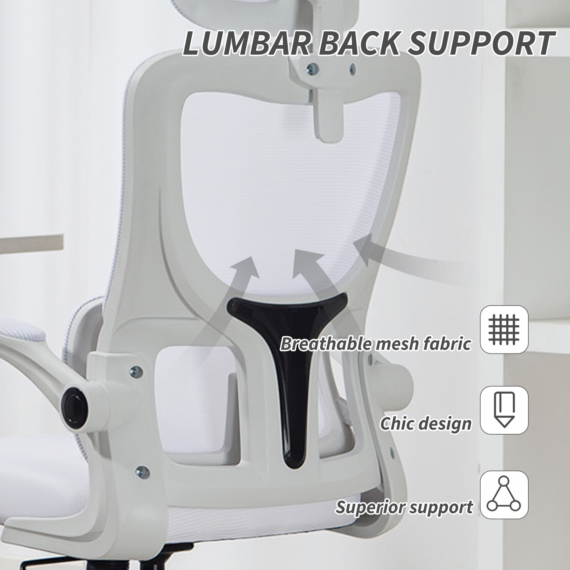 High Back Office Chair, Mesh Computer Chair with Rotatable Headrest, Lumbar Back Support, Adjustable Height, Cream White - Office Chairs - Office Furniture