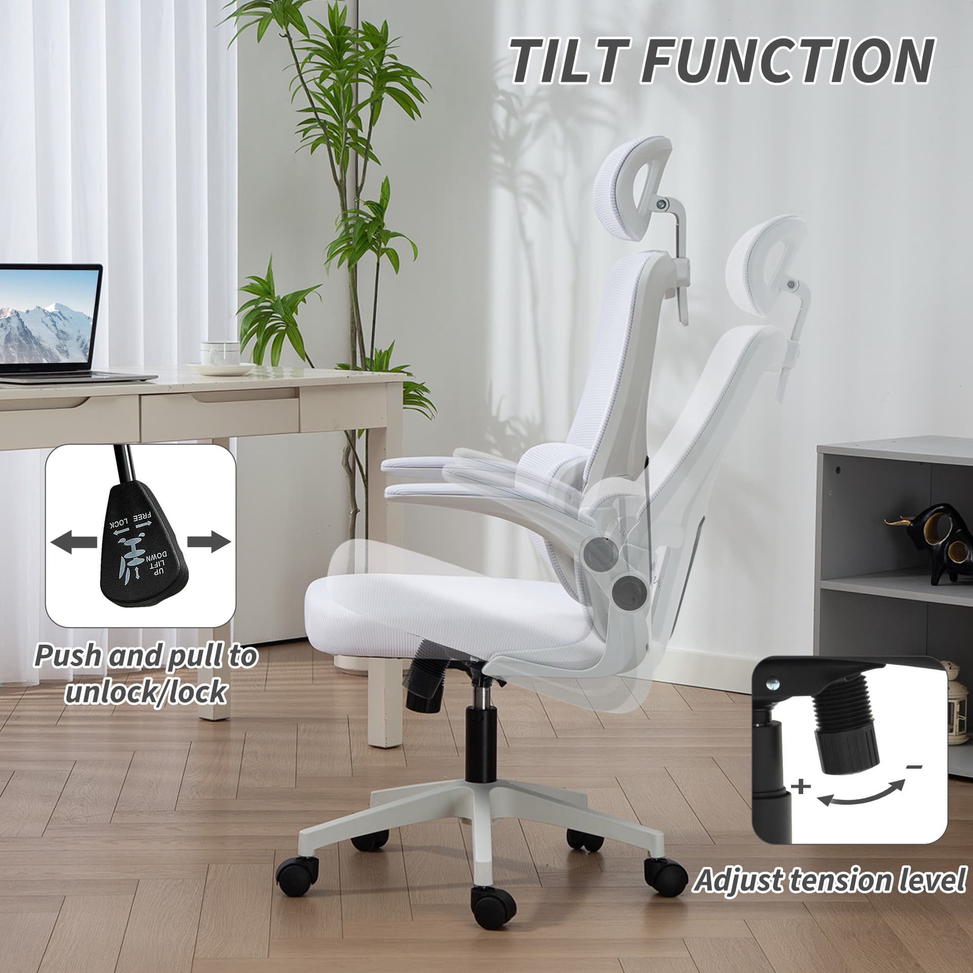High Back Office Chair, Mesh Computer Chair with Rotatable Headrest, Lumbar Back Support, Adjustable Height, Cream White - Office Chairs - Office Furniture