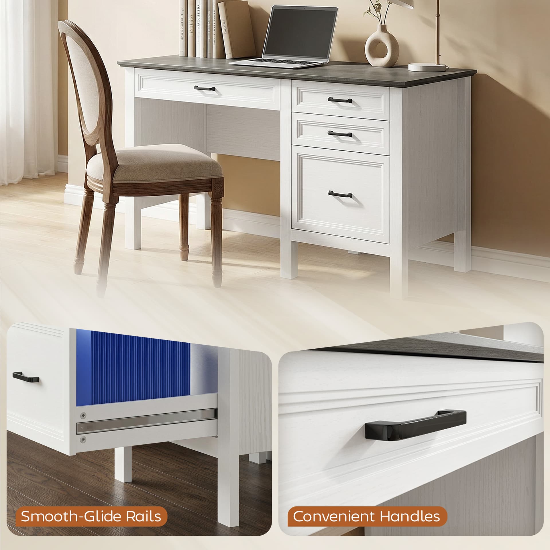 54" Farmhouse Executive Desk, Computer Desk with Drawers, Adjustable Hanging Rails for for A4/Letter Size Files, White - Computer Desks - Office Furniture