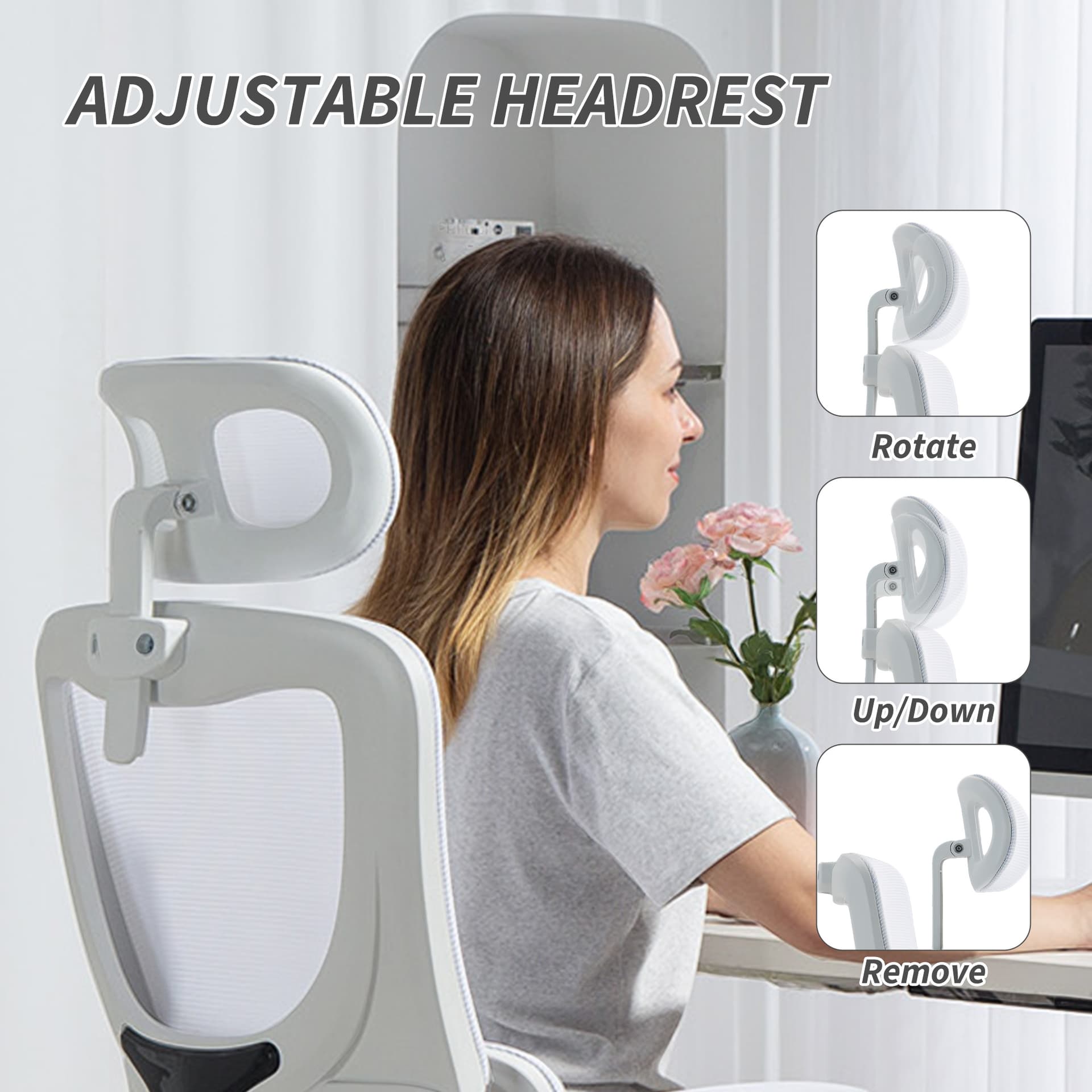 High Back Office Chair, Mesh Computer Chair with Rotatable Headrest, Lumbar Back Support, Adjustable Height, Cream White - Office Chairs - Office Furniture
