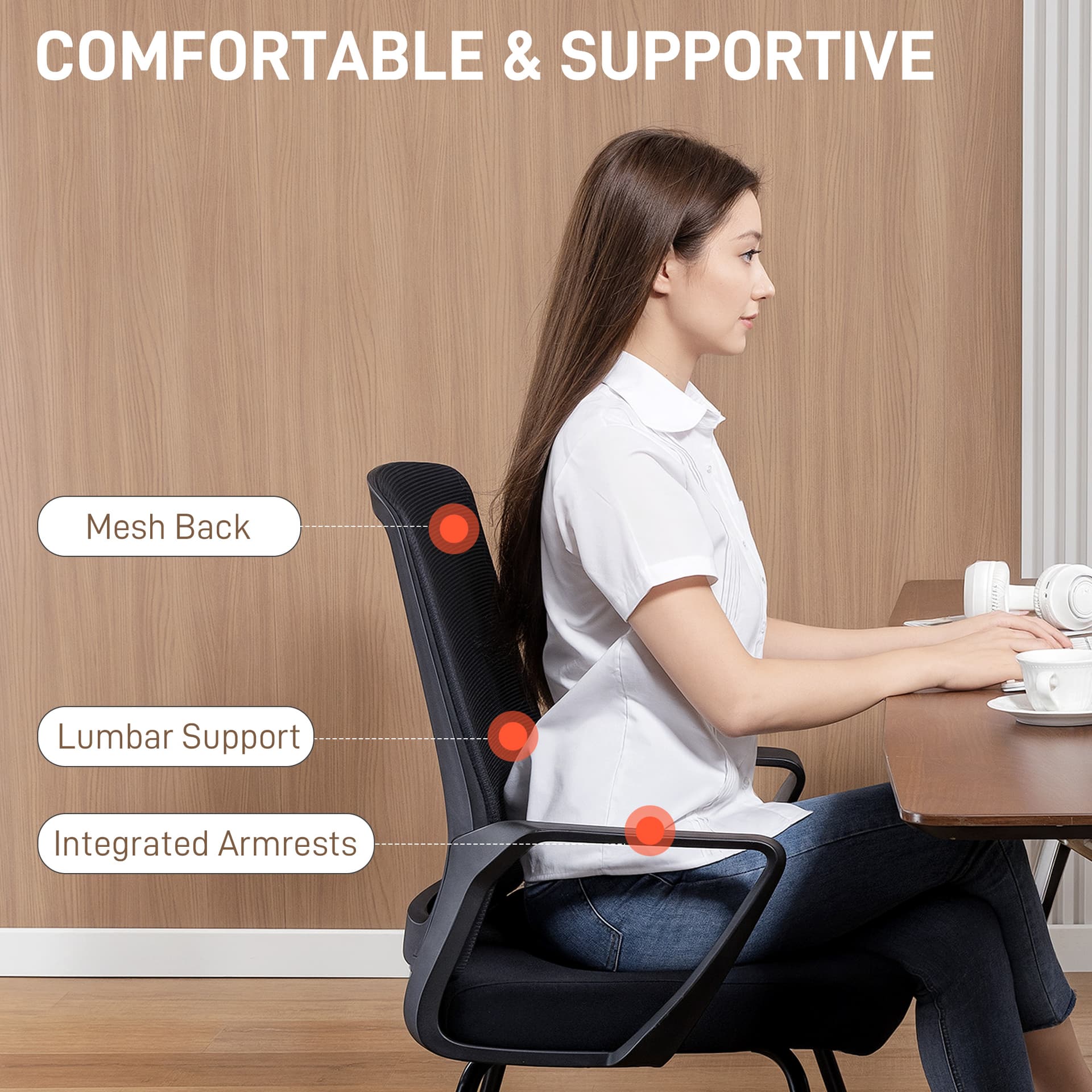 Desk Chair, Desk Chair No Wheels with Mesh Back, Lumbar Support, Metal Base for Reception, Conference - Task Chairs - Office Furniture