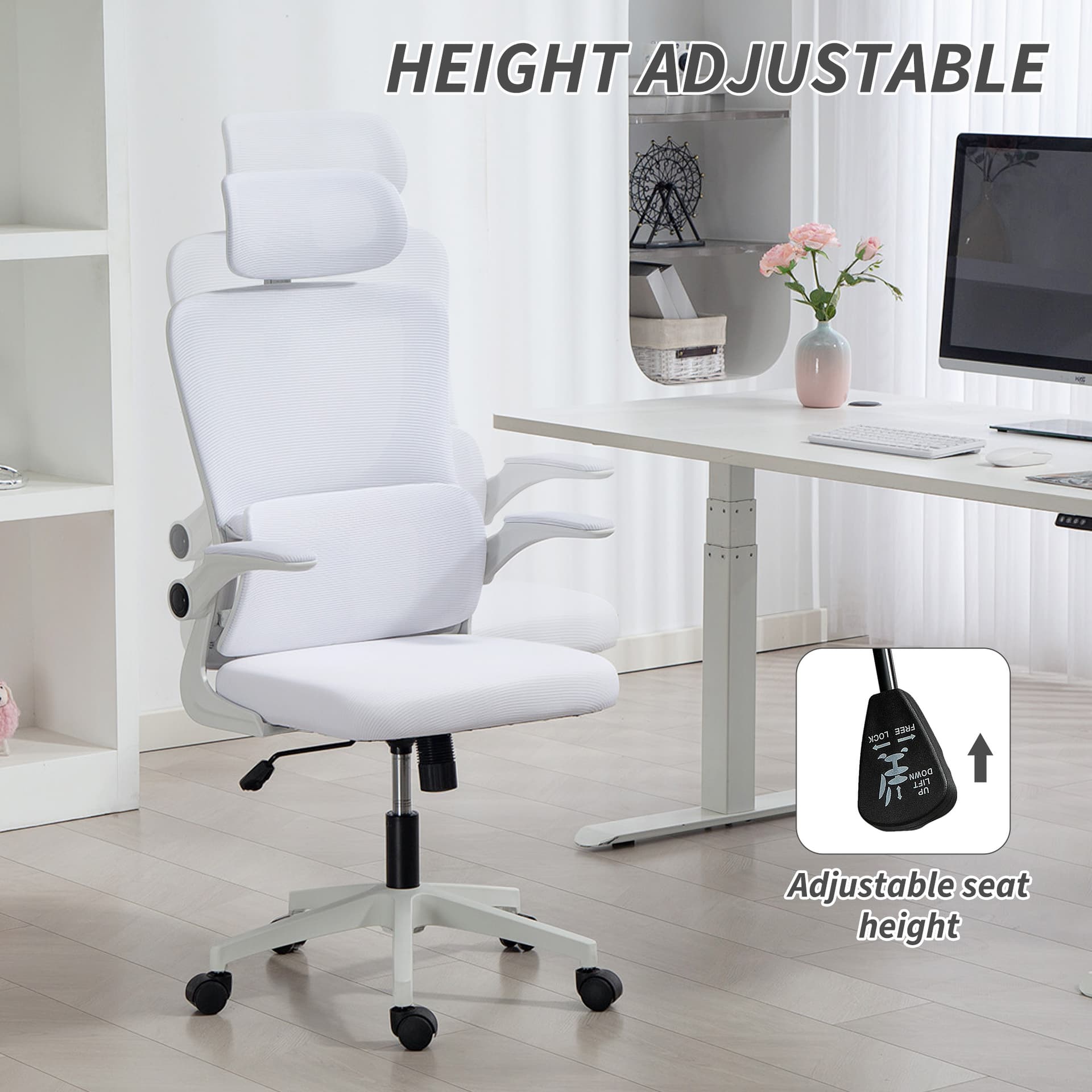 High Back Office Chair, Mesh Computer Chair with Rotatable Headrest, Lumbar Back Support, Adjustable Height, Cream White - Office Chairs - Office Furniture