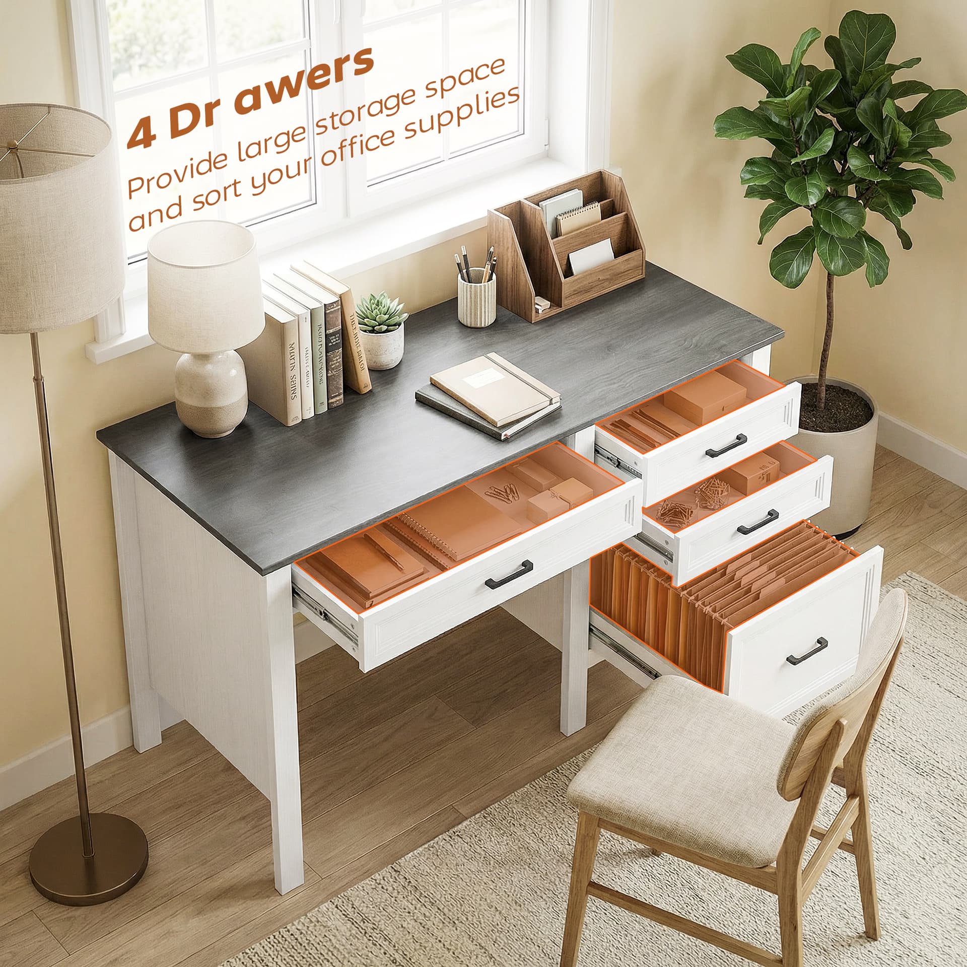 54" Farmhouse Executive Desk, Computer Desk with Drawers, Adjustable Hanging Rails for for A4/Letter Size Files, White - Computer Desks - Office Furniture