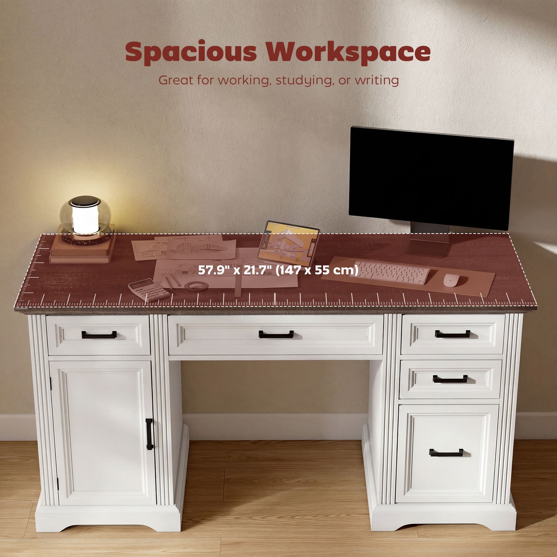 58" Home Office Desk with Soft-Close Drawers, Farmhouse Executive Desk with File Drawer for Letter Size, White - Computer Desks - Office Furniture